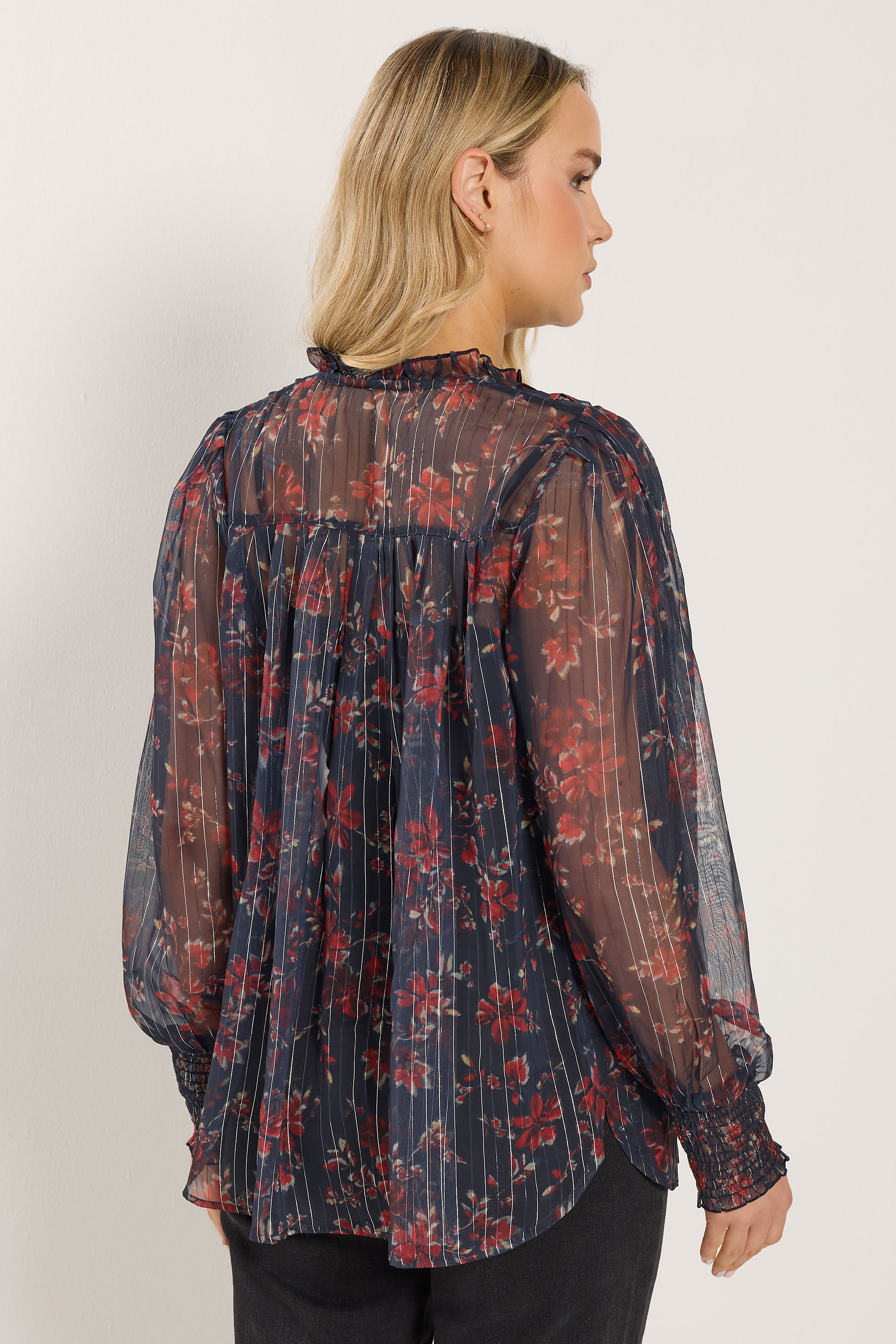LTS Tall Navy Blue Floral Print Frill Neck Blouse | Long Tall Sally 4