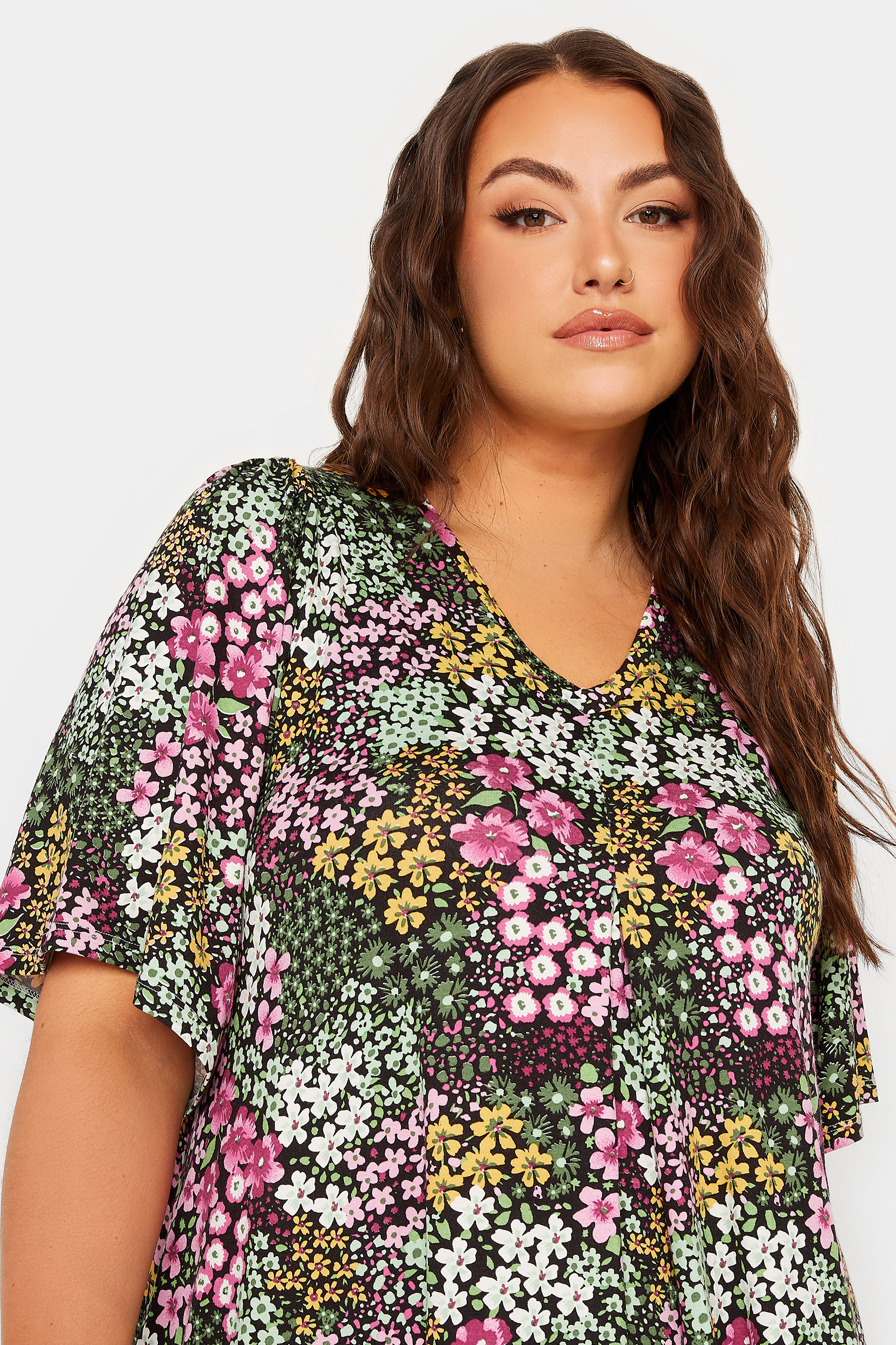YOURS Plus Size Black Floral Pleat Angel Sleeve Swing Top | Yours Clothing