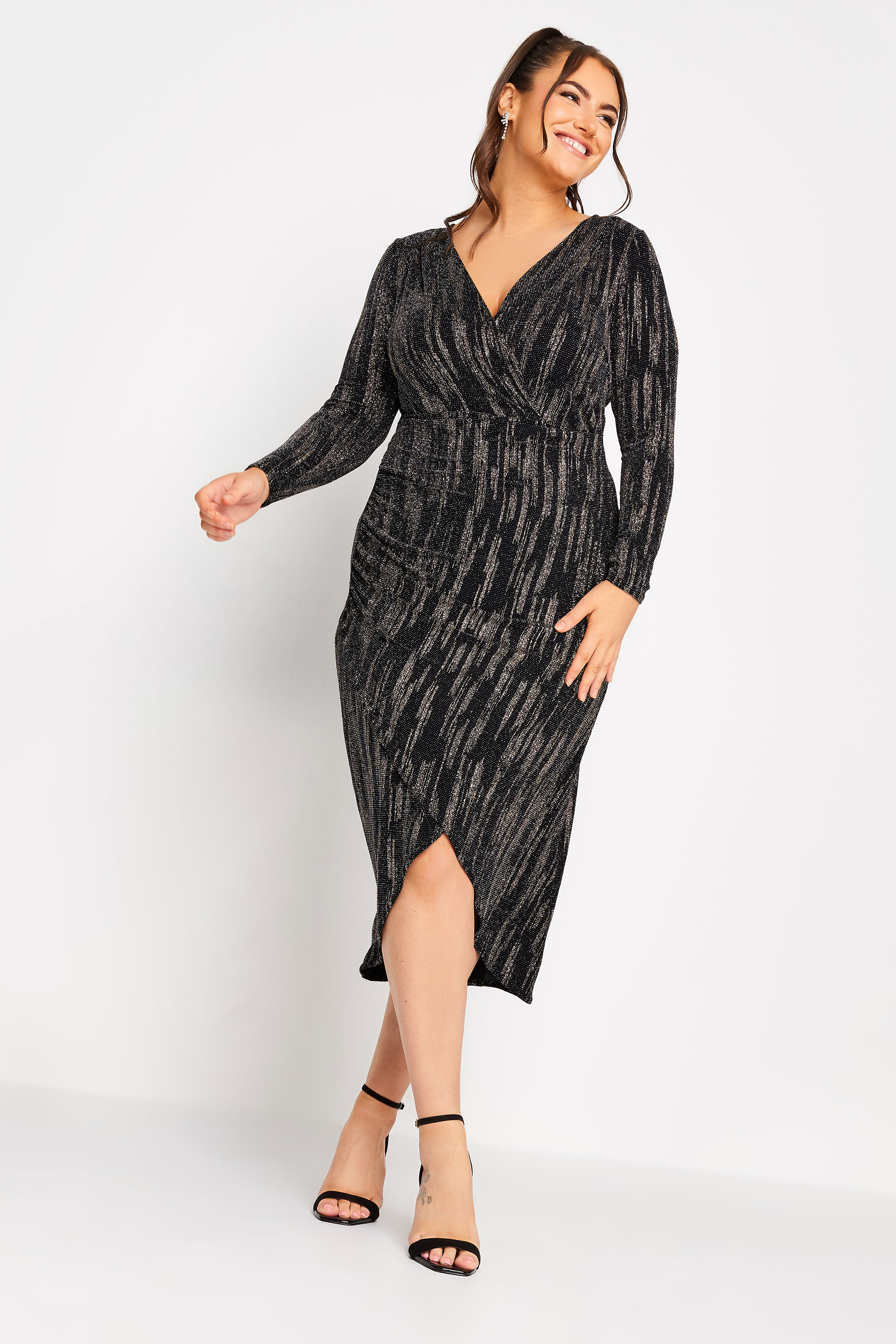YOURS LONDON Plus Size Black Glitter Stripe Midi Wrap Dress | Yours Clothing 2