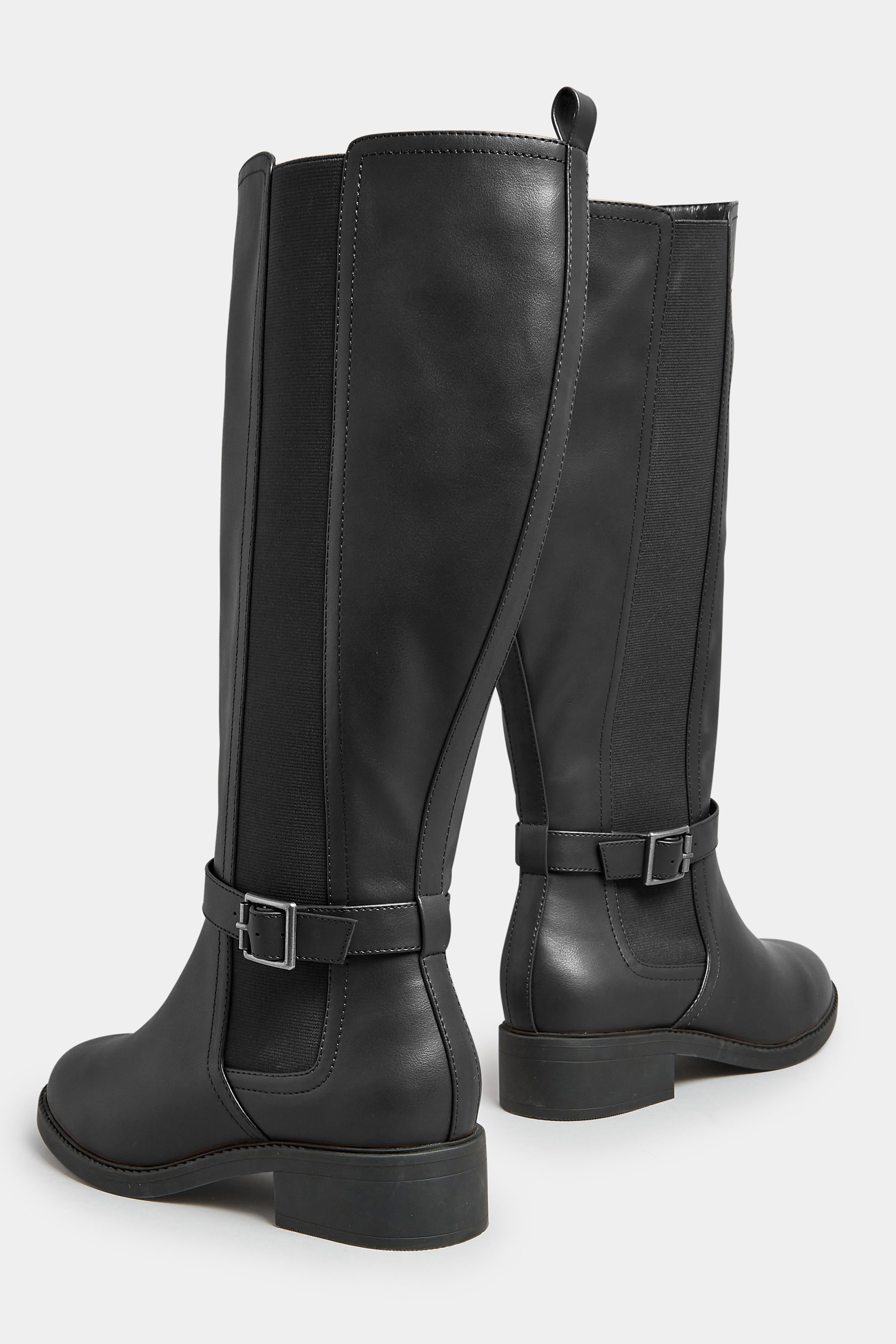 Black Faux Leather Buckle Knee High Boots In Wide E Fit & Extra Wide ...