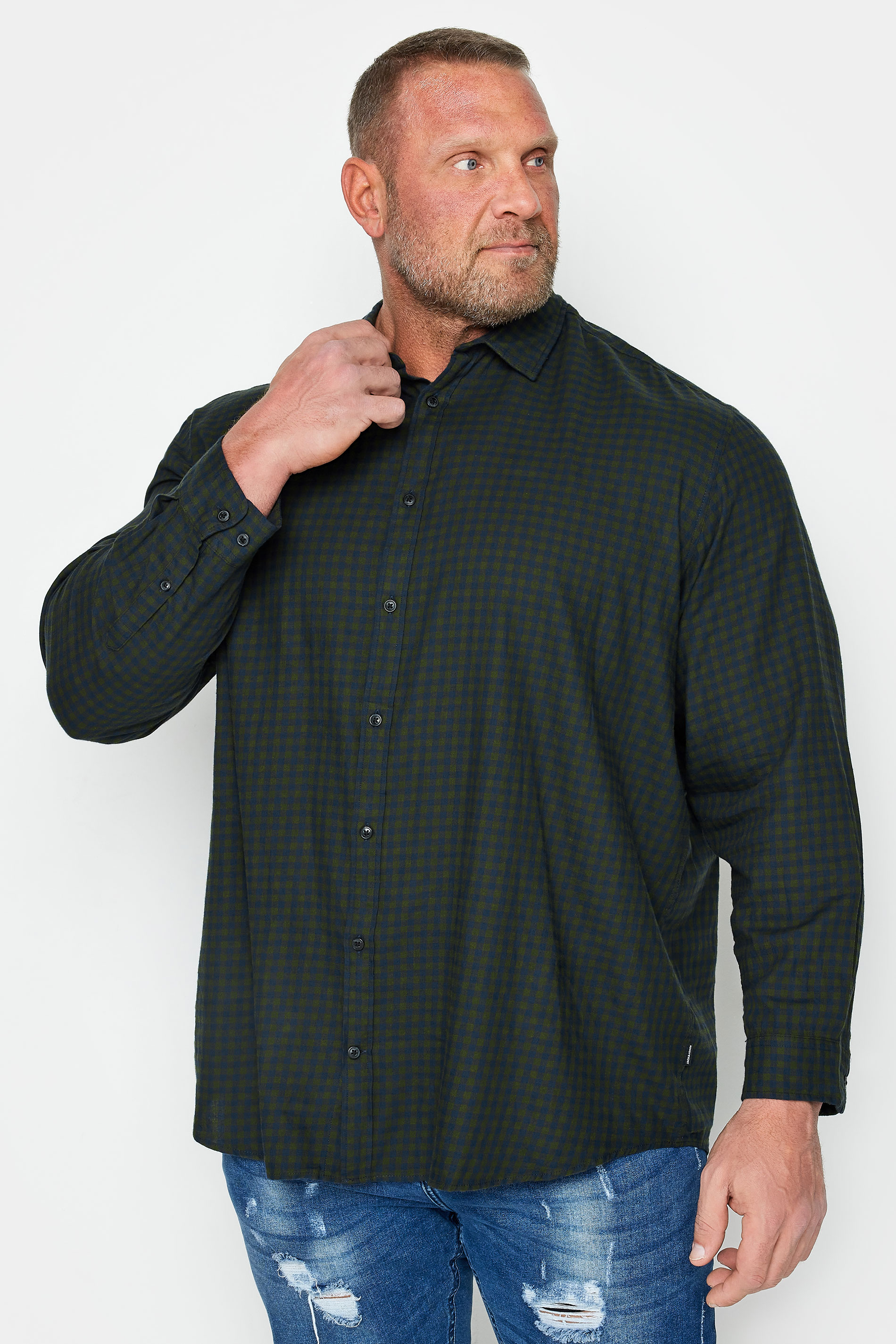 JACK & JONES Big & Tall Forest Green Long Sleeve Gingham Shirt | BadRhino 1