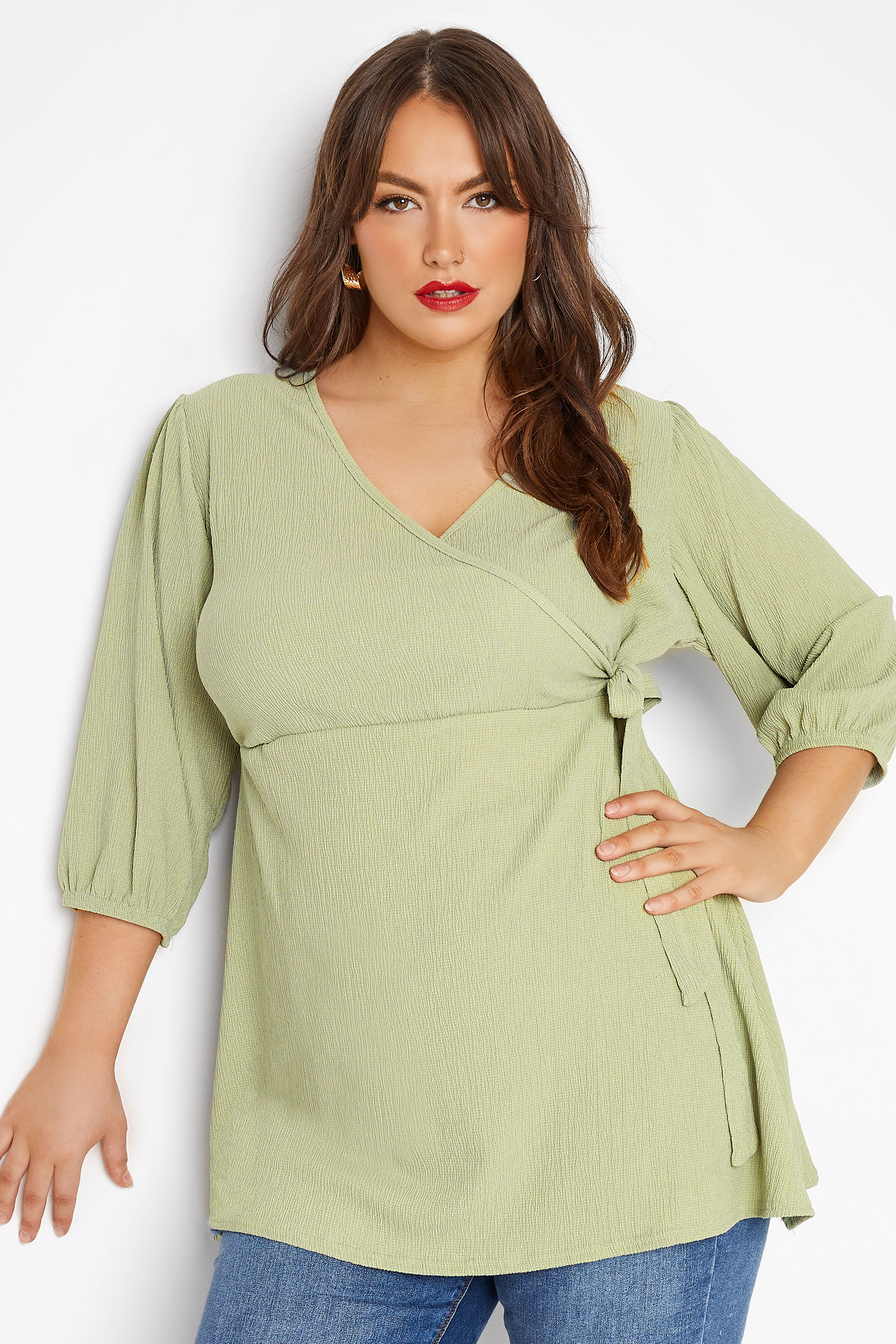 LIMITED COLLECTION Curve Sage Green Crinkle Wrap Top_AR.jpg