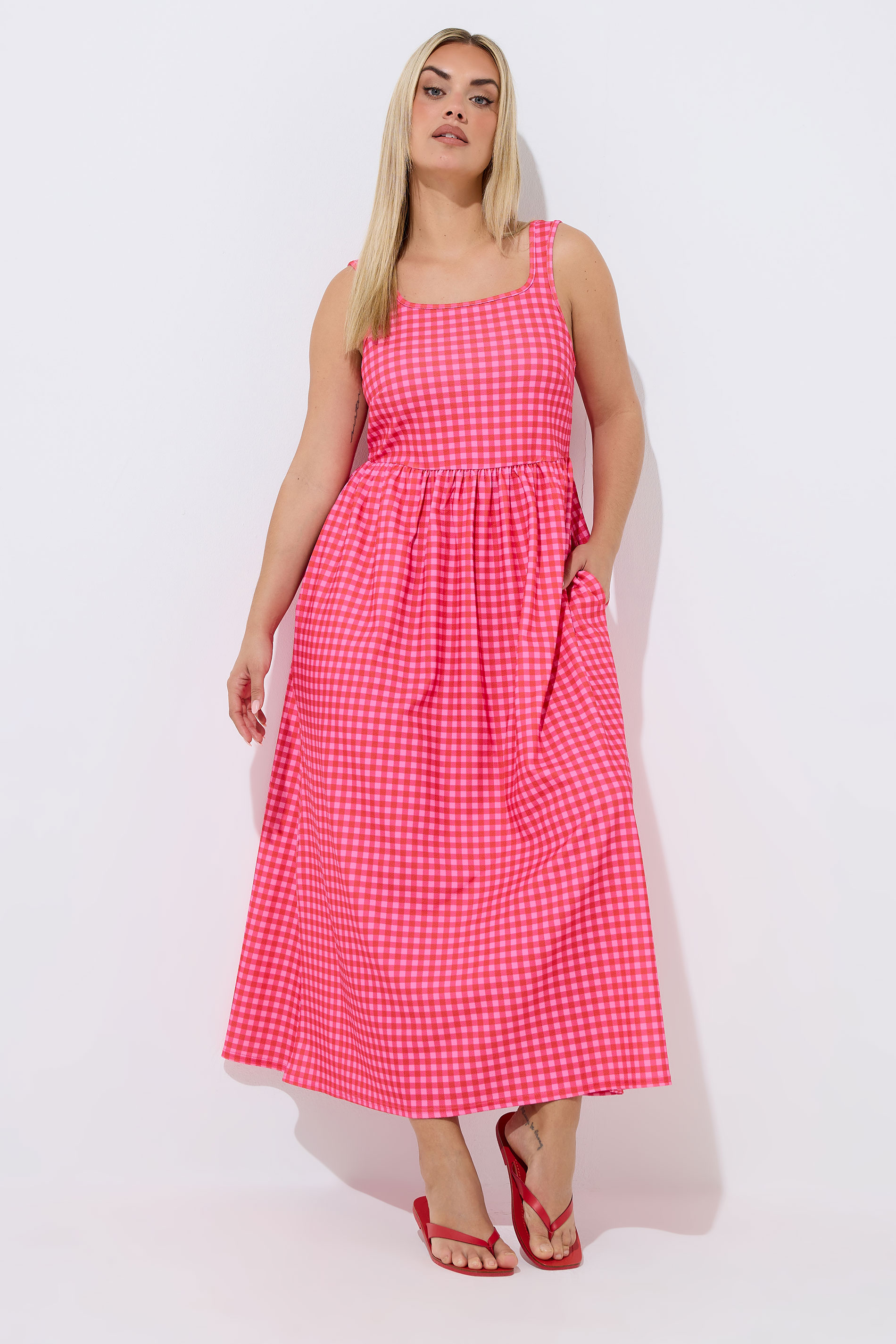 LIMITED COLLECTION Plus Size Pink Gingham Maxi Dress | Yours Clothing 1