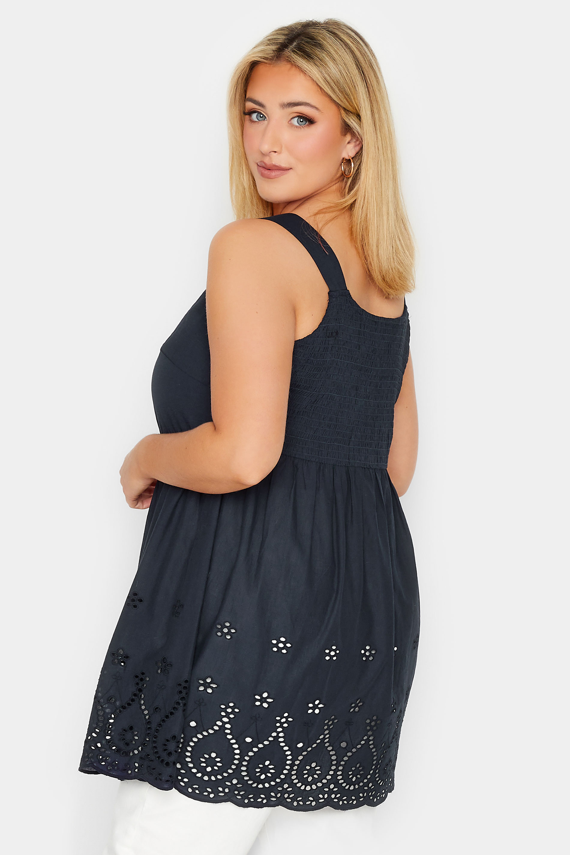 YOURS Curve Navy Blue Broderie Anglaise Vest Top | Yours Clothing 3