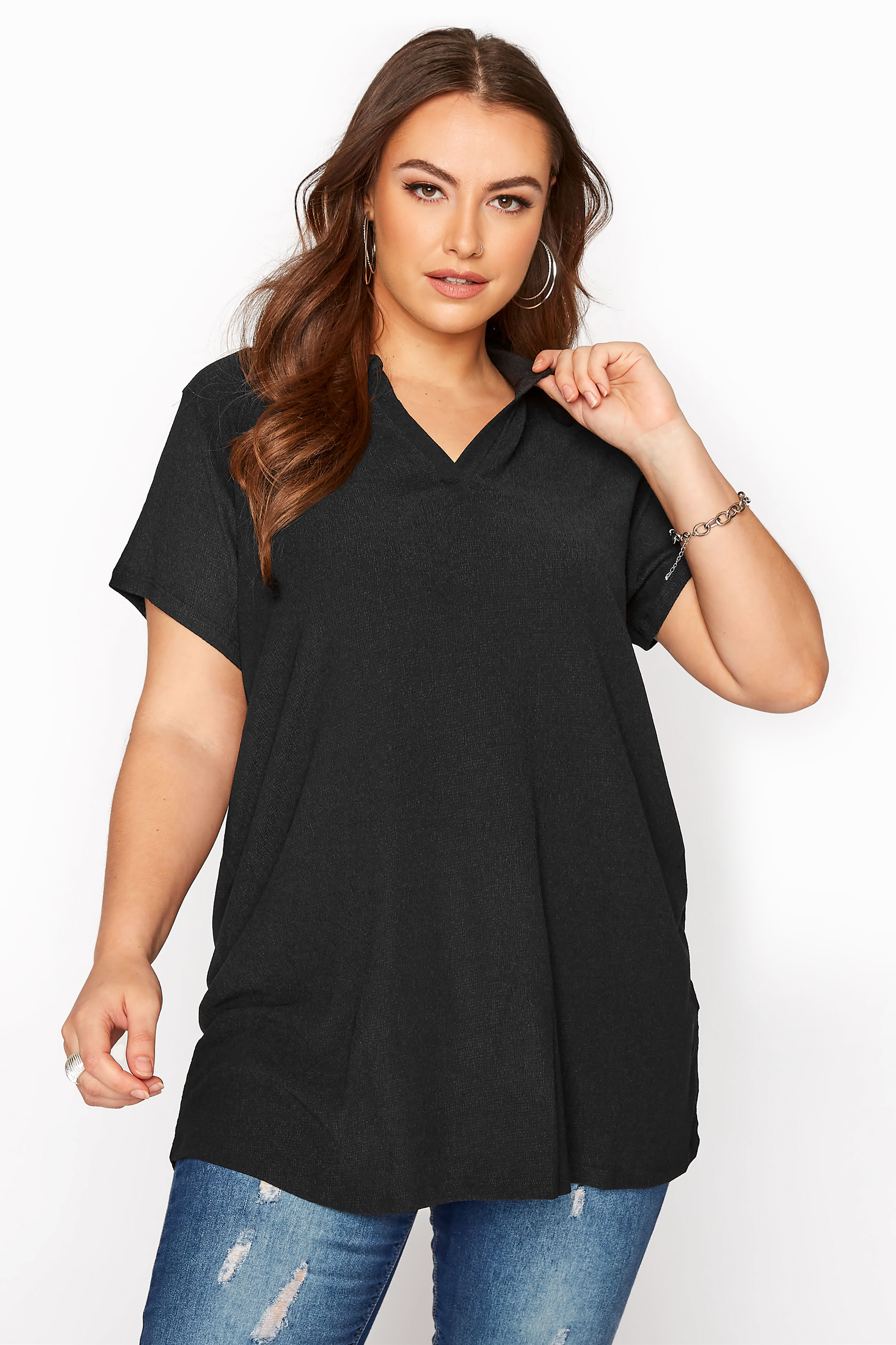Black Polo Neck Ribbed T-Shirt | Yours Clothing