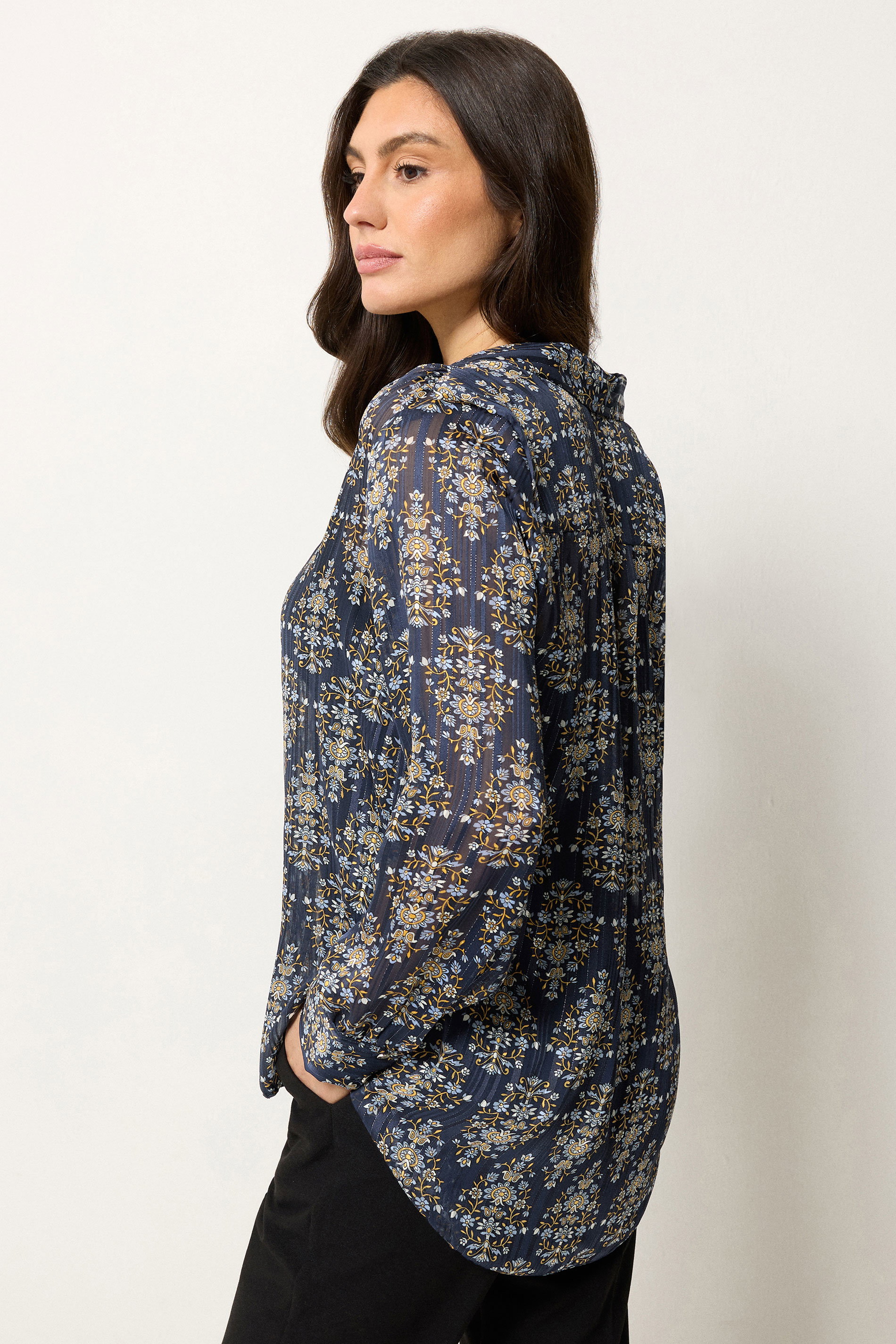 M&Co Navy Blue Floral Metallic Shirt | M&Co 2