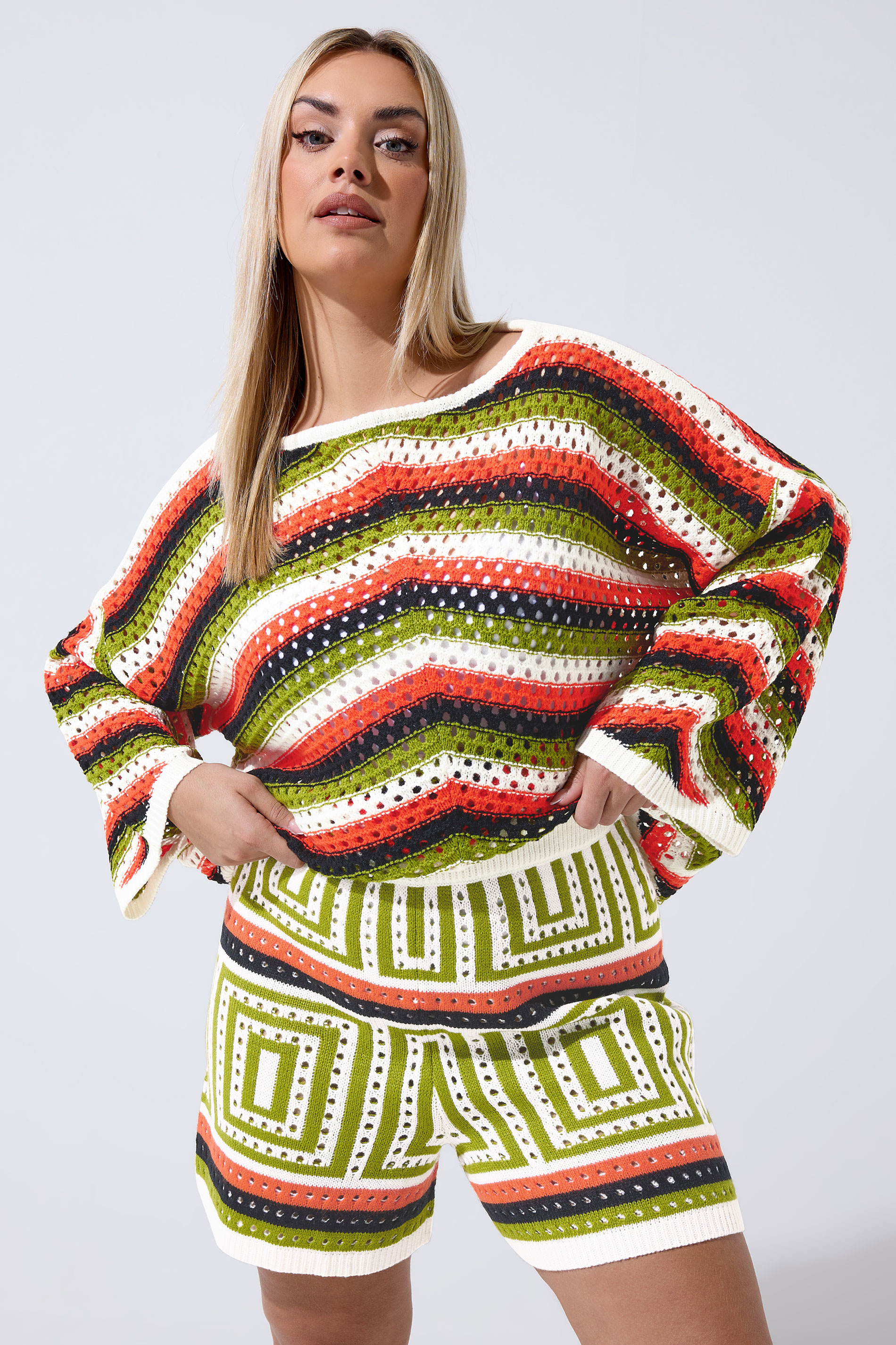 LIMITED COLLECTION Plus Size Ivory White & Green Stripe Crochet Shorts | Yours Clothing 3