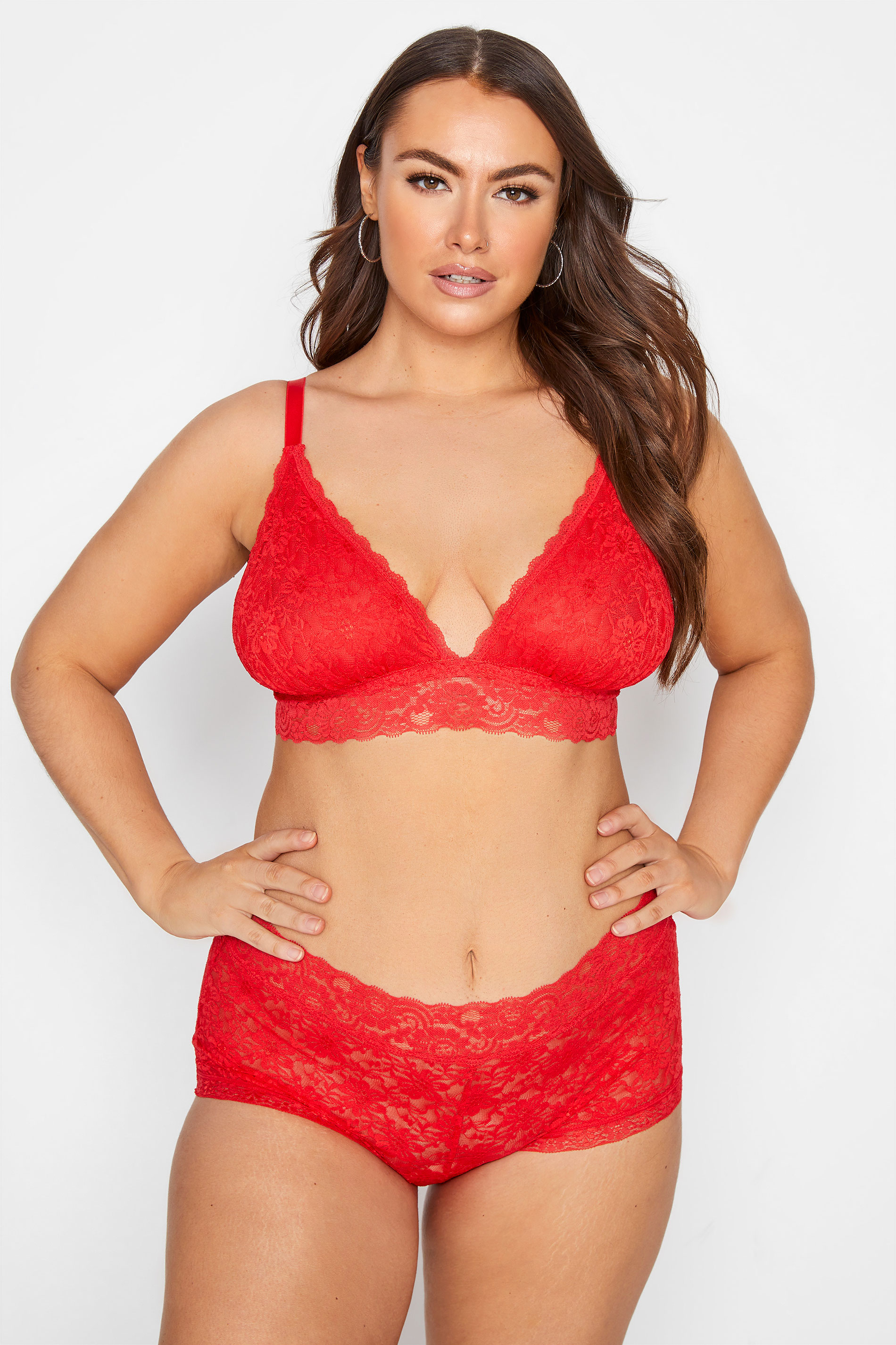Plus Size Red Lace Triangle Bralette Lingerie Set | Yours Clothing 1