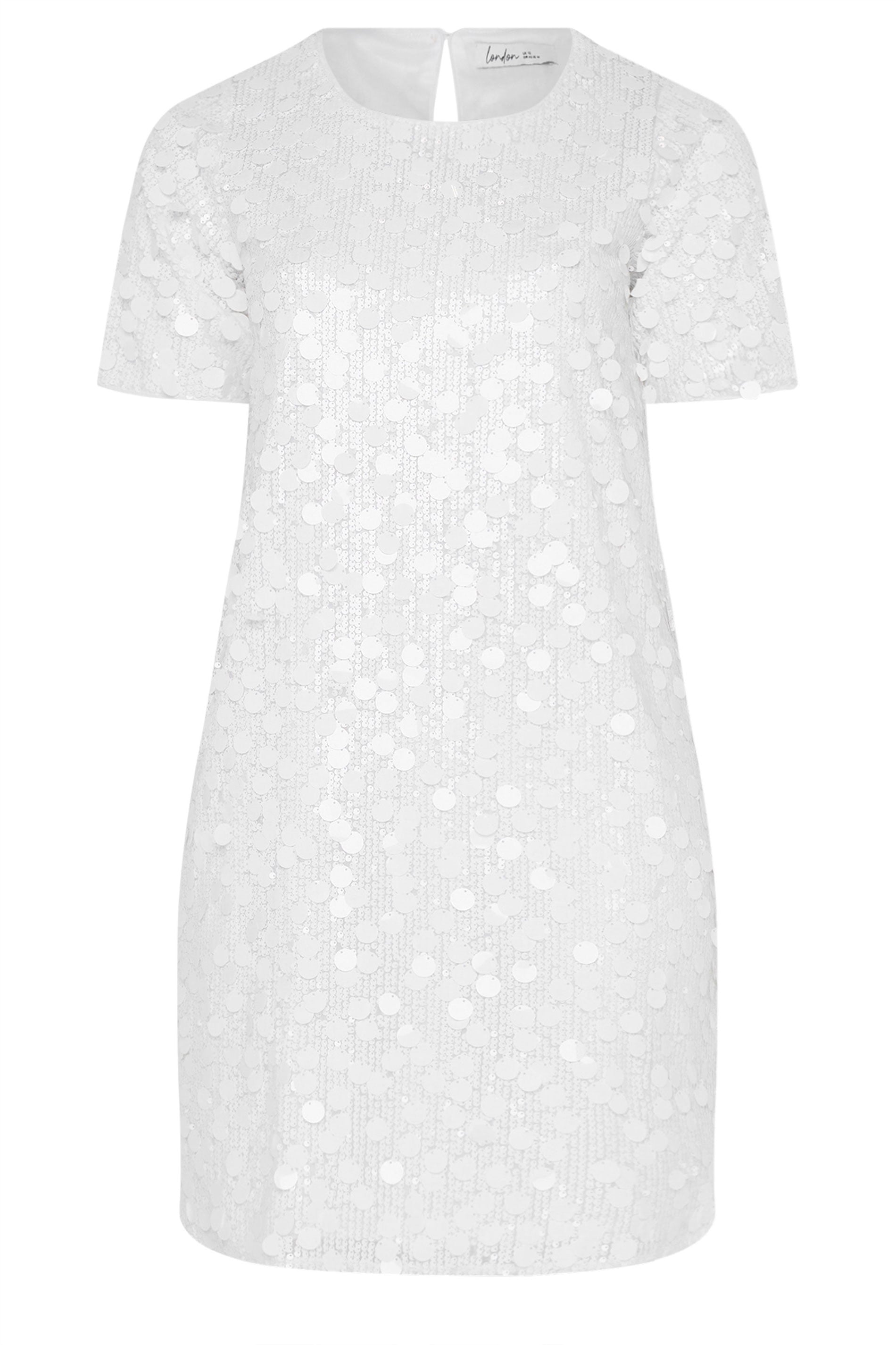 YOURS LONDON Plus Size White Sequin T-Shirt Dress | Yours Clothing 6
