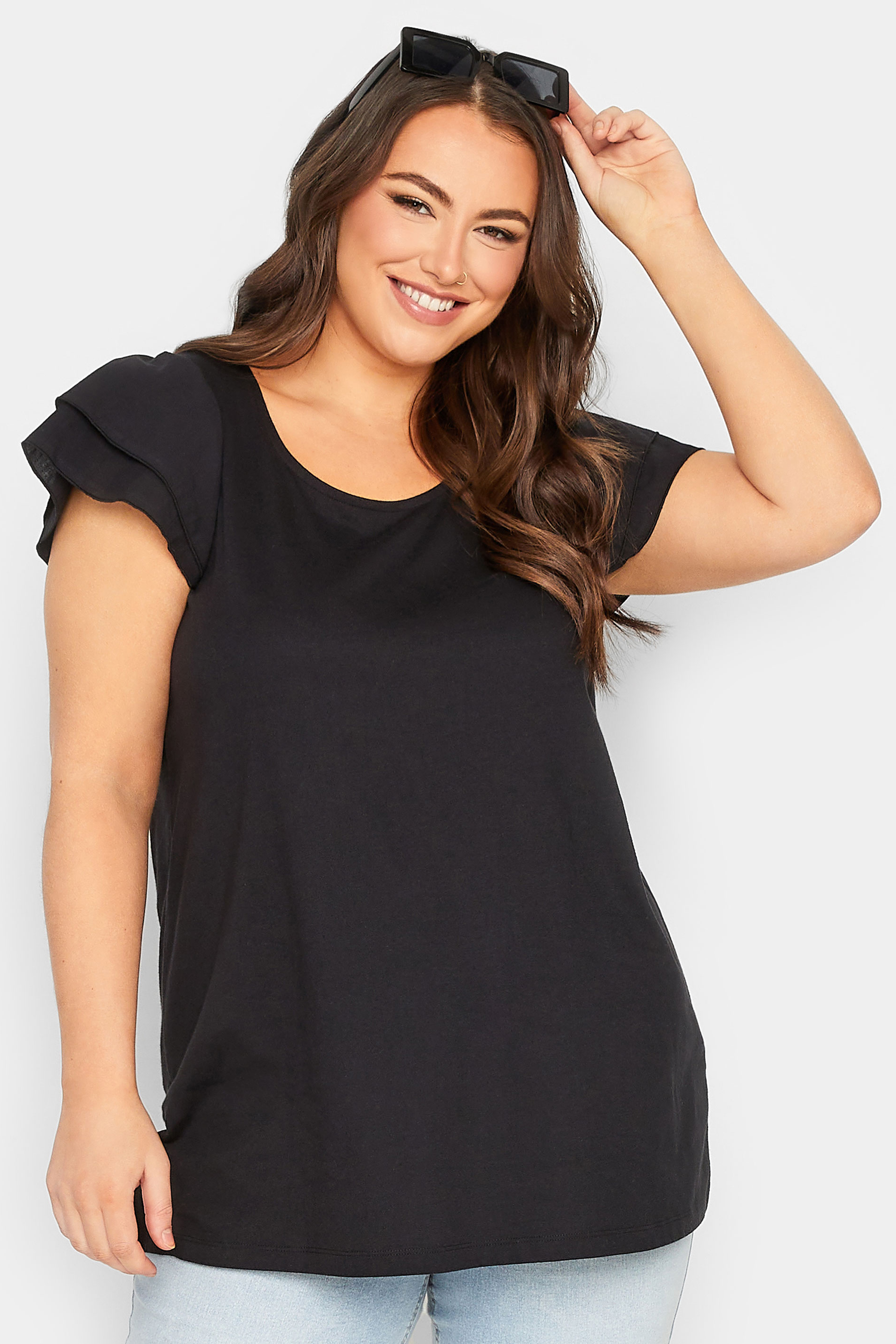 YOURS Plus Size Black Frill Sleeve T-Shirt | Yours Clothing 1