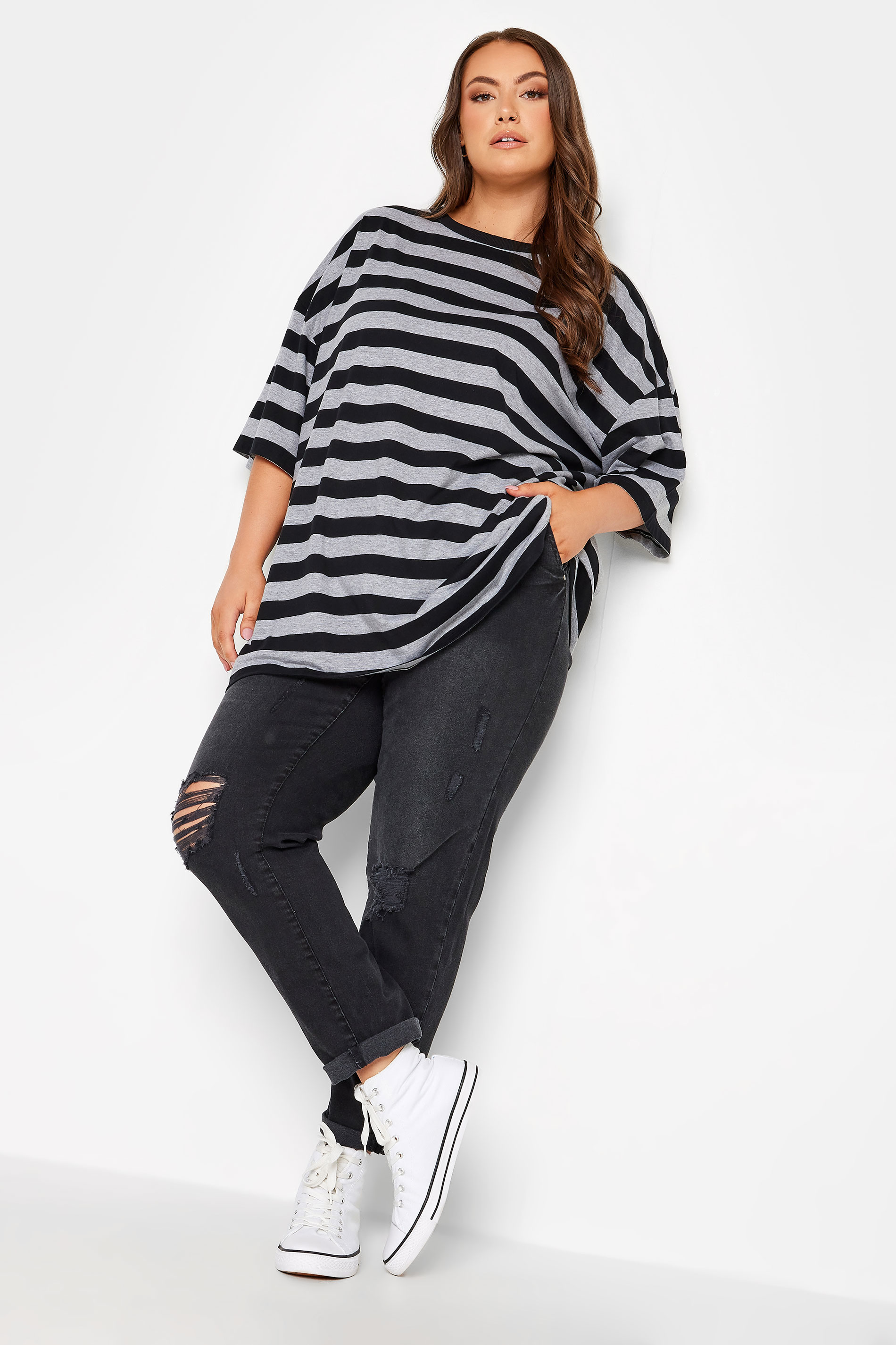 YOURS Plus Size Curve Grey Stripe Oversized Boxy T-Shirt | Yours Clothing  2