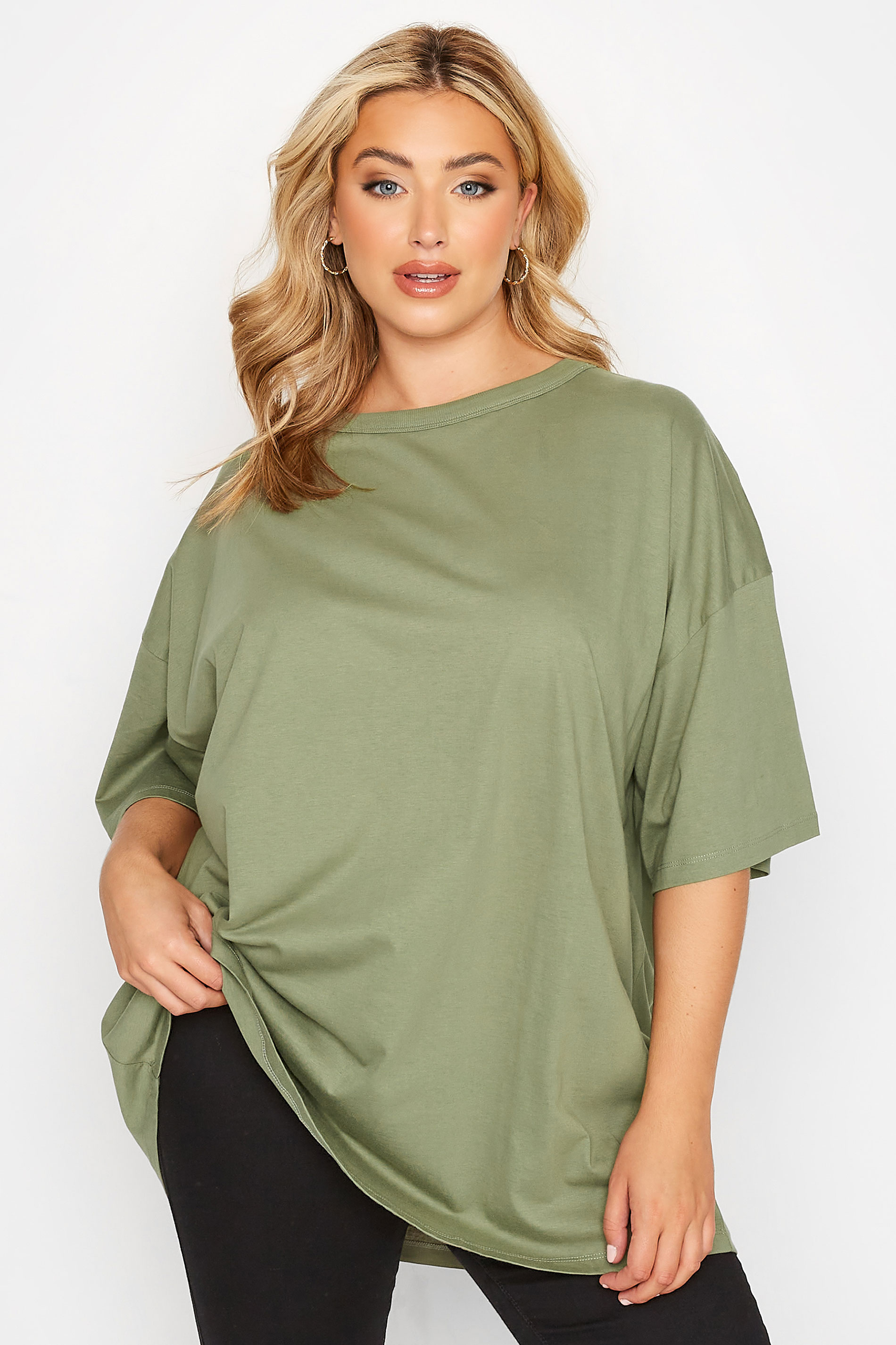 Plus Size Khaki Green Oversized Boxy T-Shirt | Yours Clothing 1