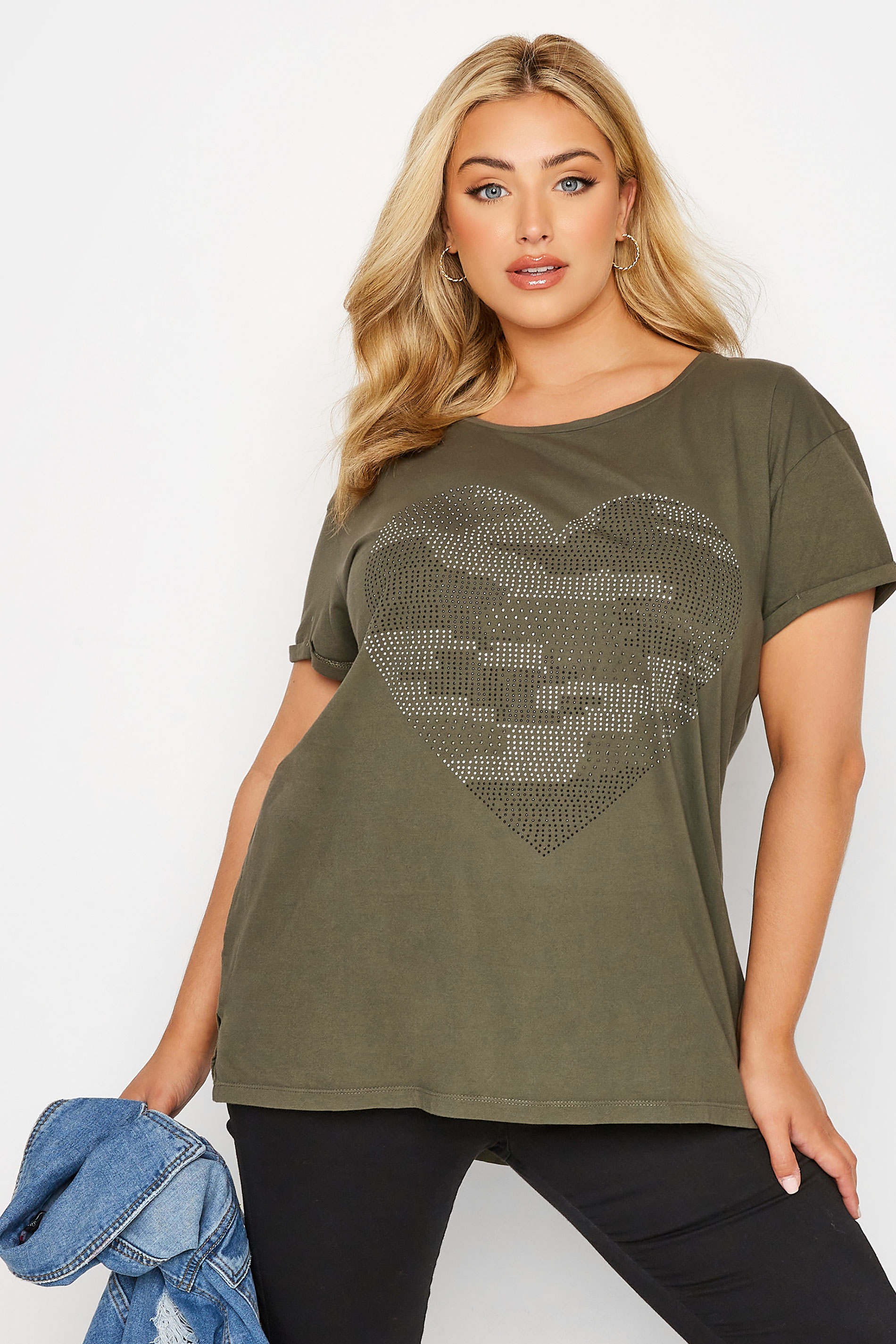 Plus Size Khaki Green Camo Embellished Dipped Hem T-Shirt | Yours Clothing 1