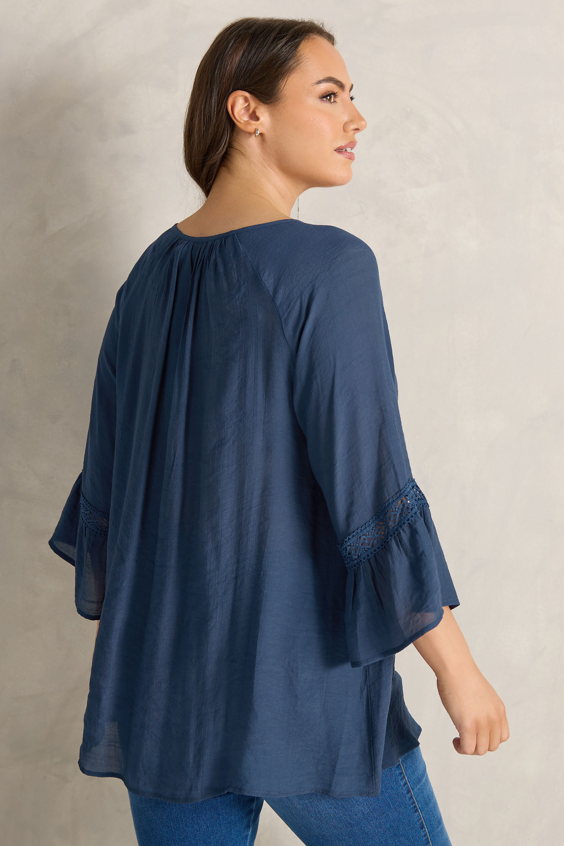 EVANS Plus Size Navy Blue Crochet Detail Tie Neck Blouse | Evans  4