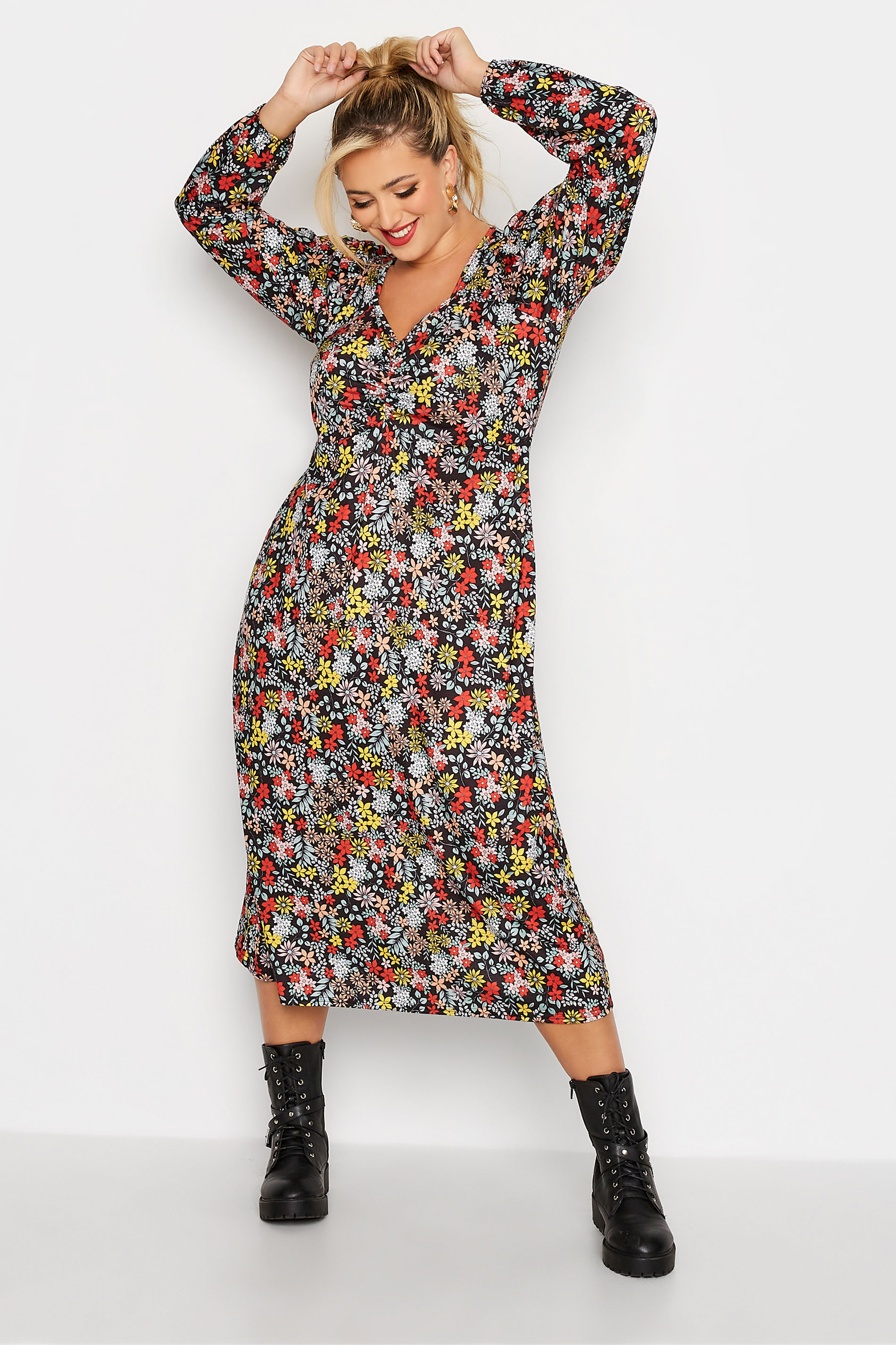 LIMITED COLLECTION Plus Size Black Floral Ruched Midi Dress | Yours Clothing 1