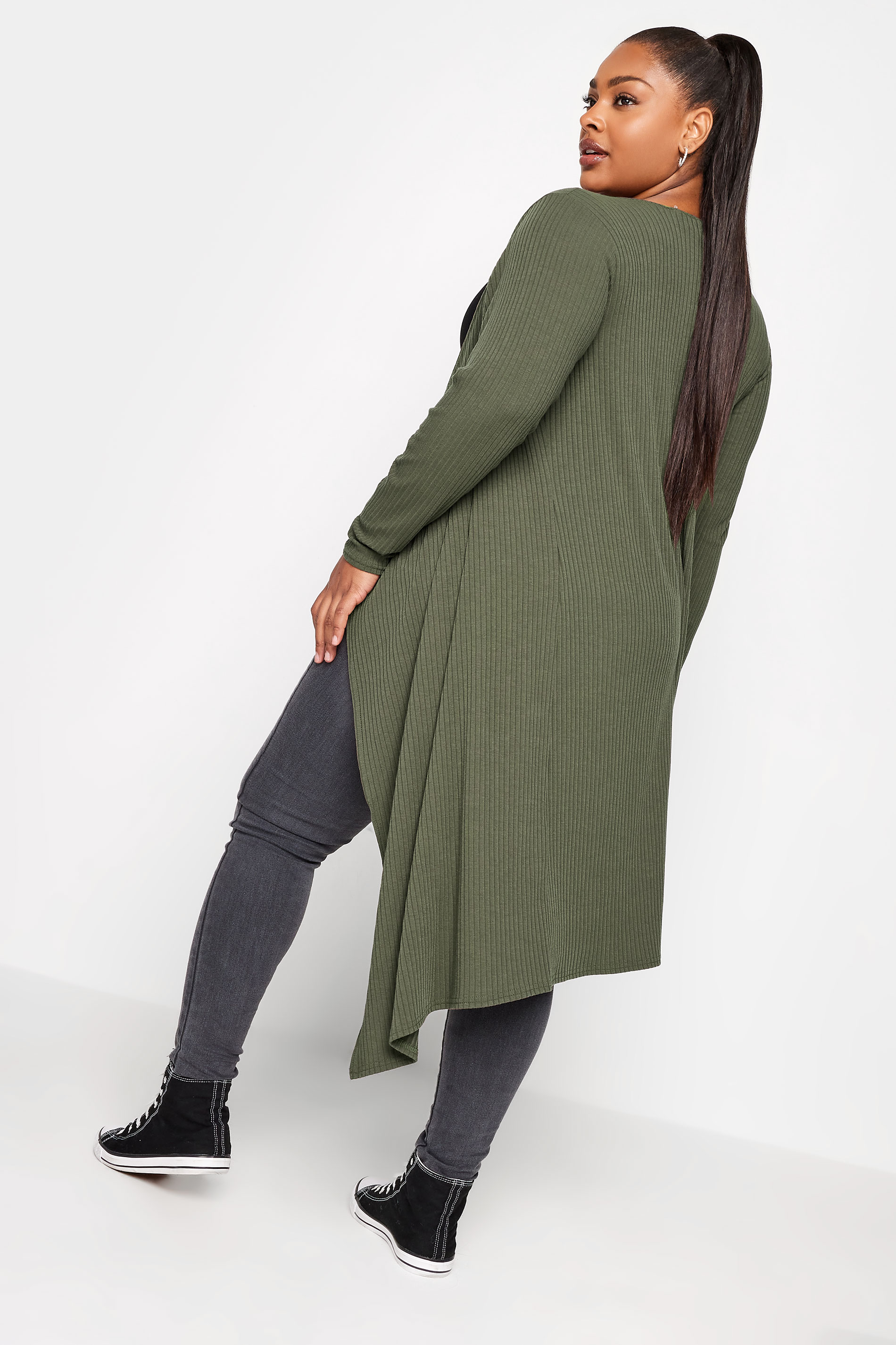 YOURS Plus Size Khaki Green Ribbed Midaxi Waterfall Cardigan | Yours Clothing 3