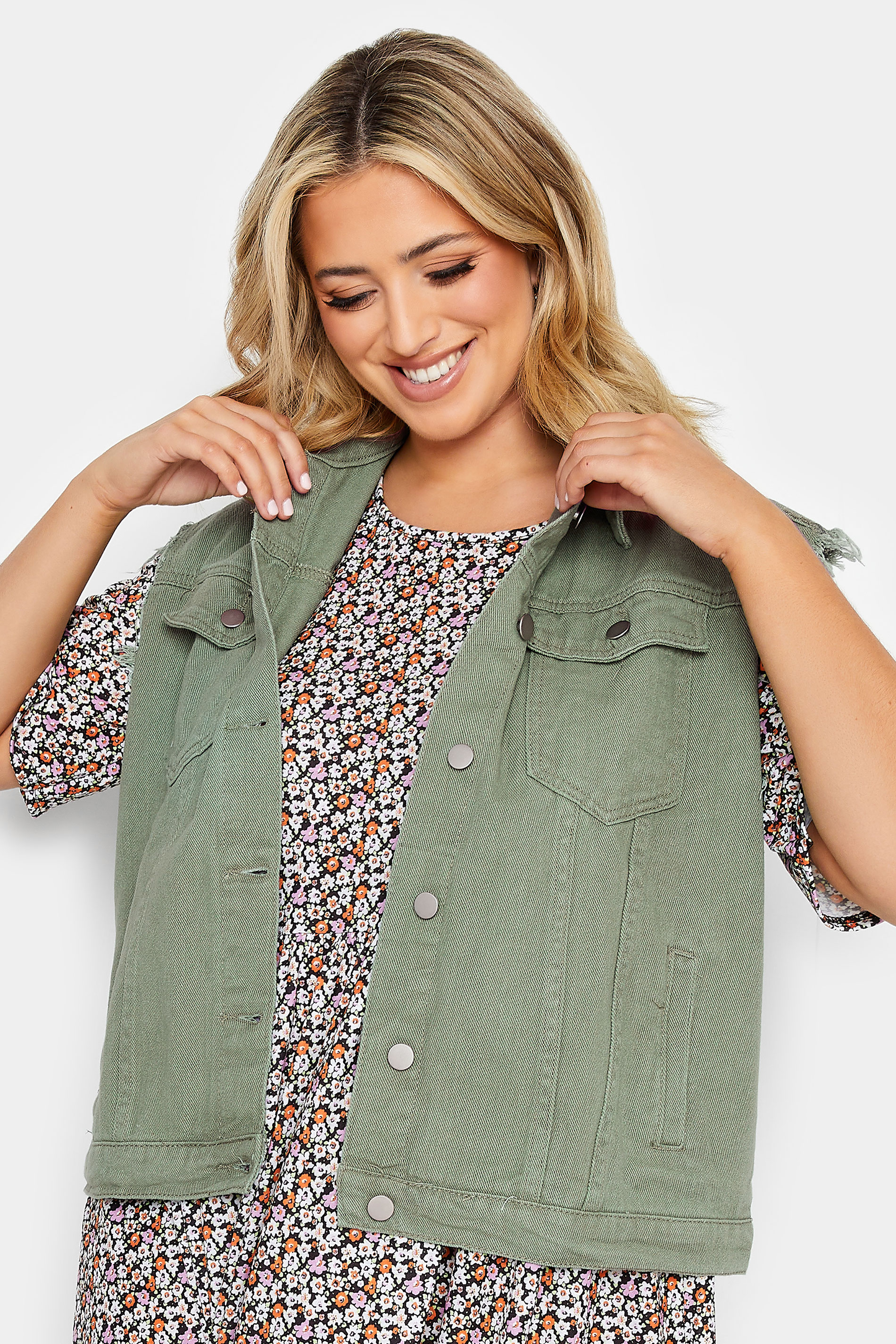 Plus Size Sage Green Sleeveless Denim Jacket | Yours Clothing 1