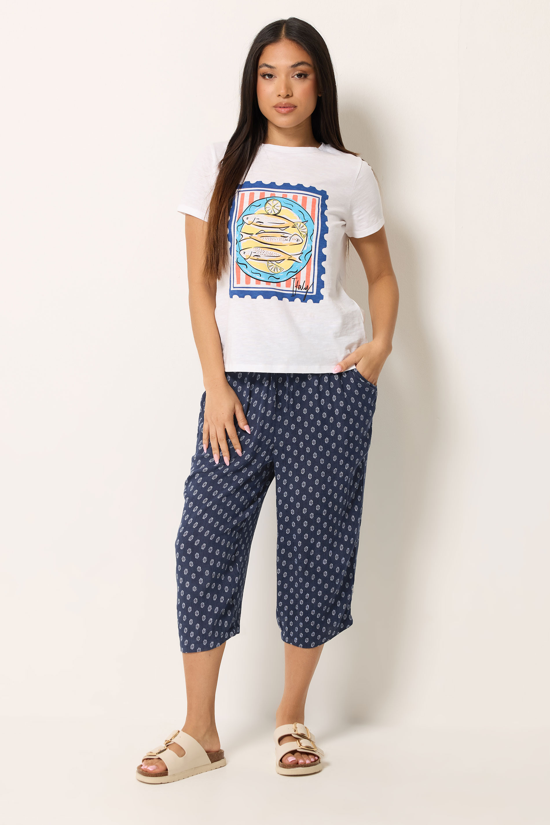 M&Co Petite Navy Blue Cropped Dobby Trousers | M&Co 1