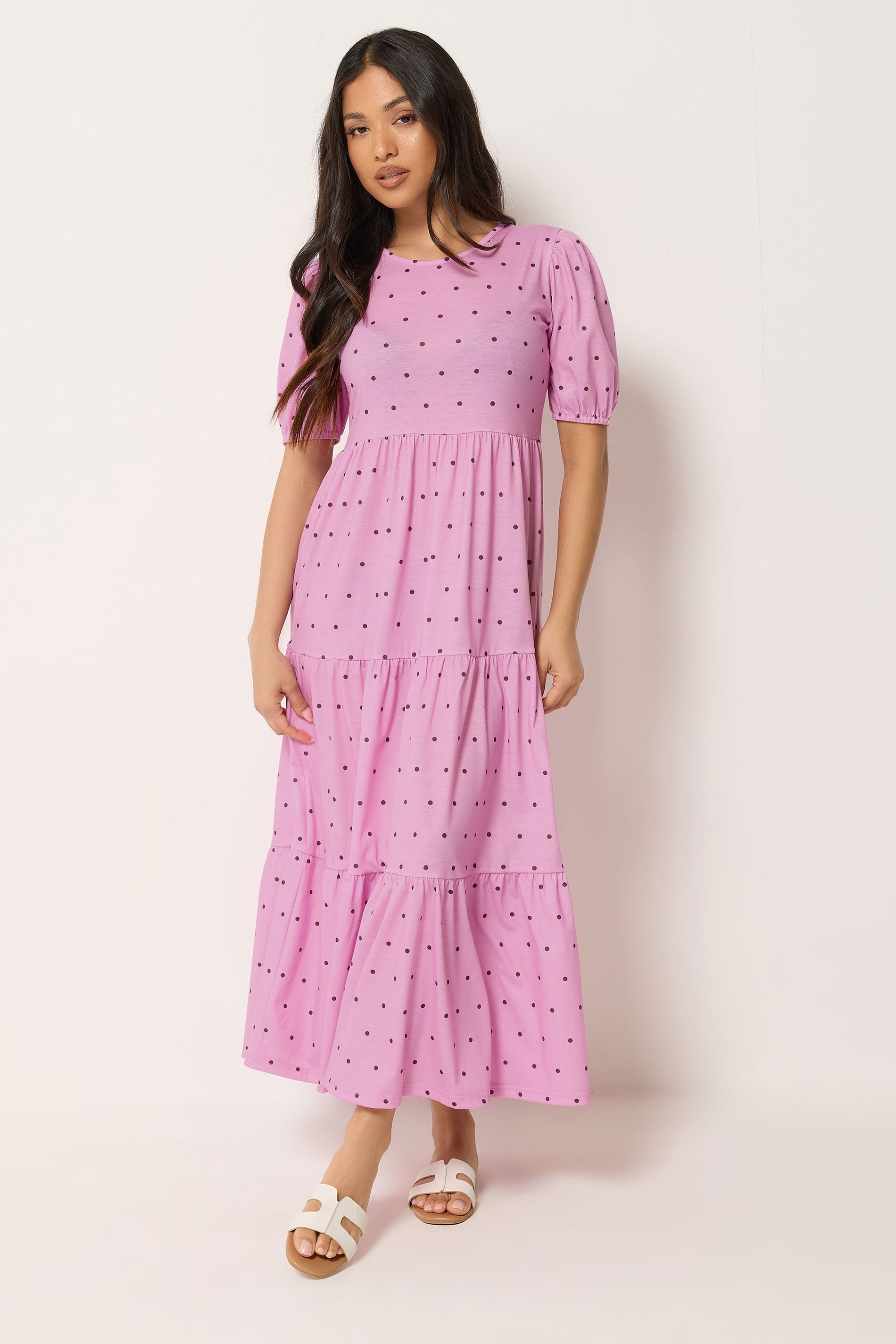 PixieGirl Petite Women's Pink Polka Dot Tiered Maxi Dress | PixieGirl 3
