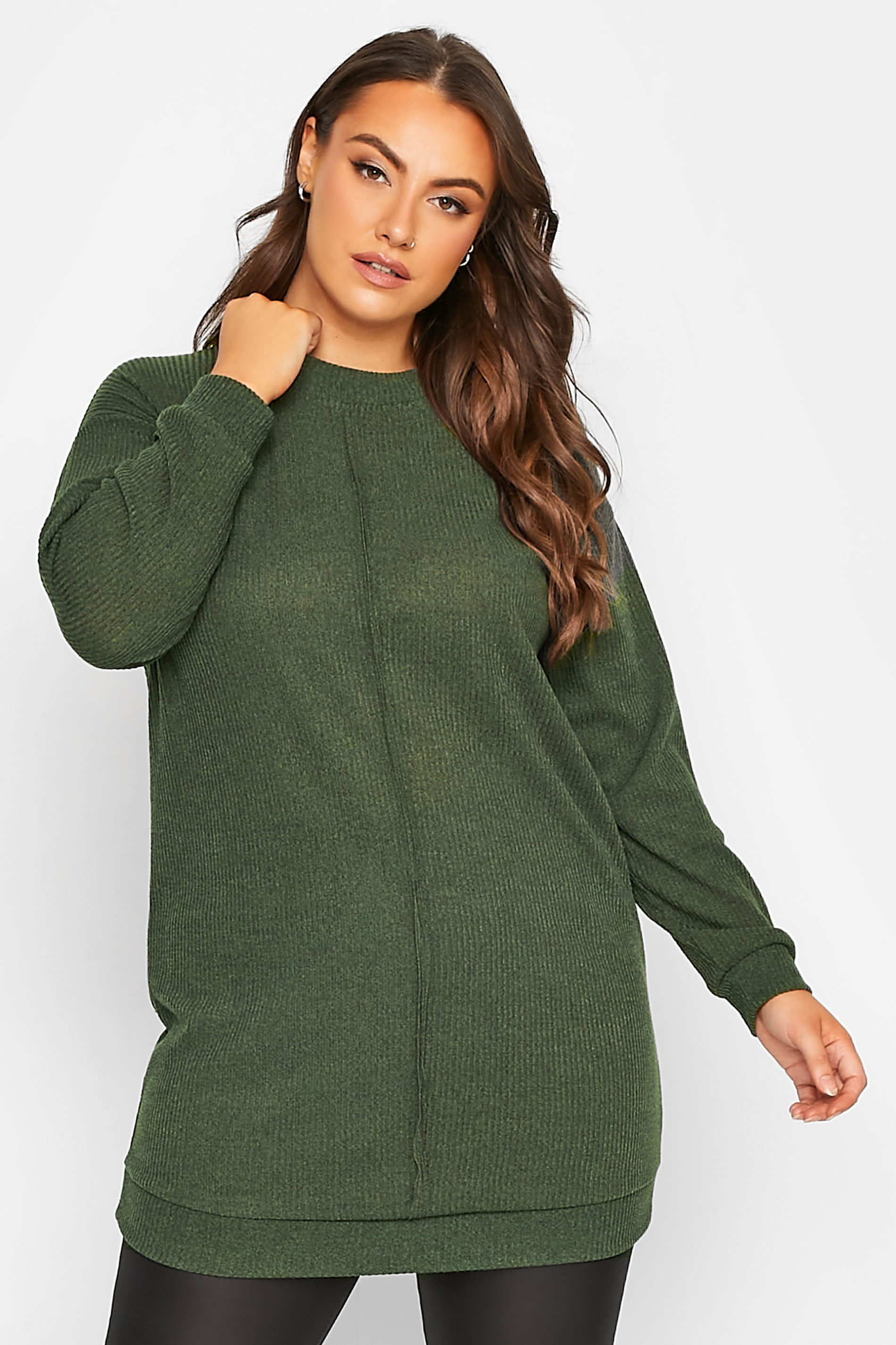 Plus Size Khaki Green Seam Detail Jumper | Yours Clothing 1