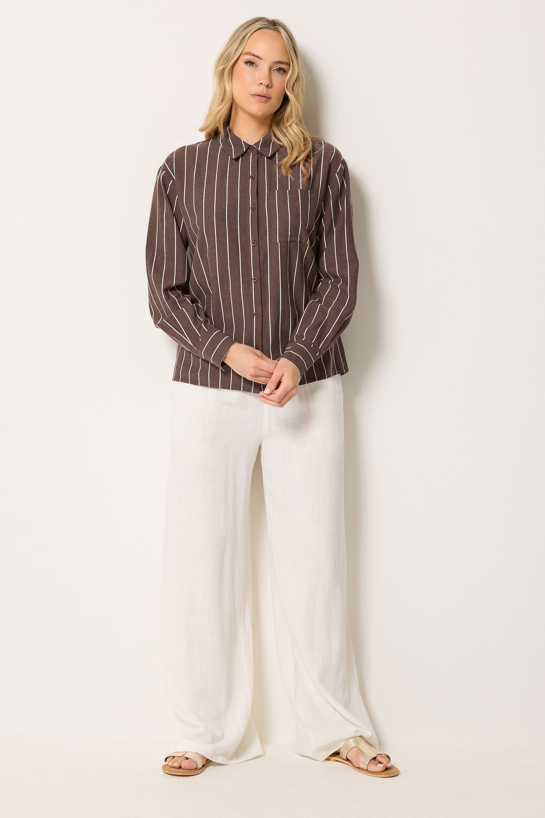 LTS Tall Women's Chocolate Brown Stripe Linen Shirt | Long Tall Sally 2