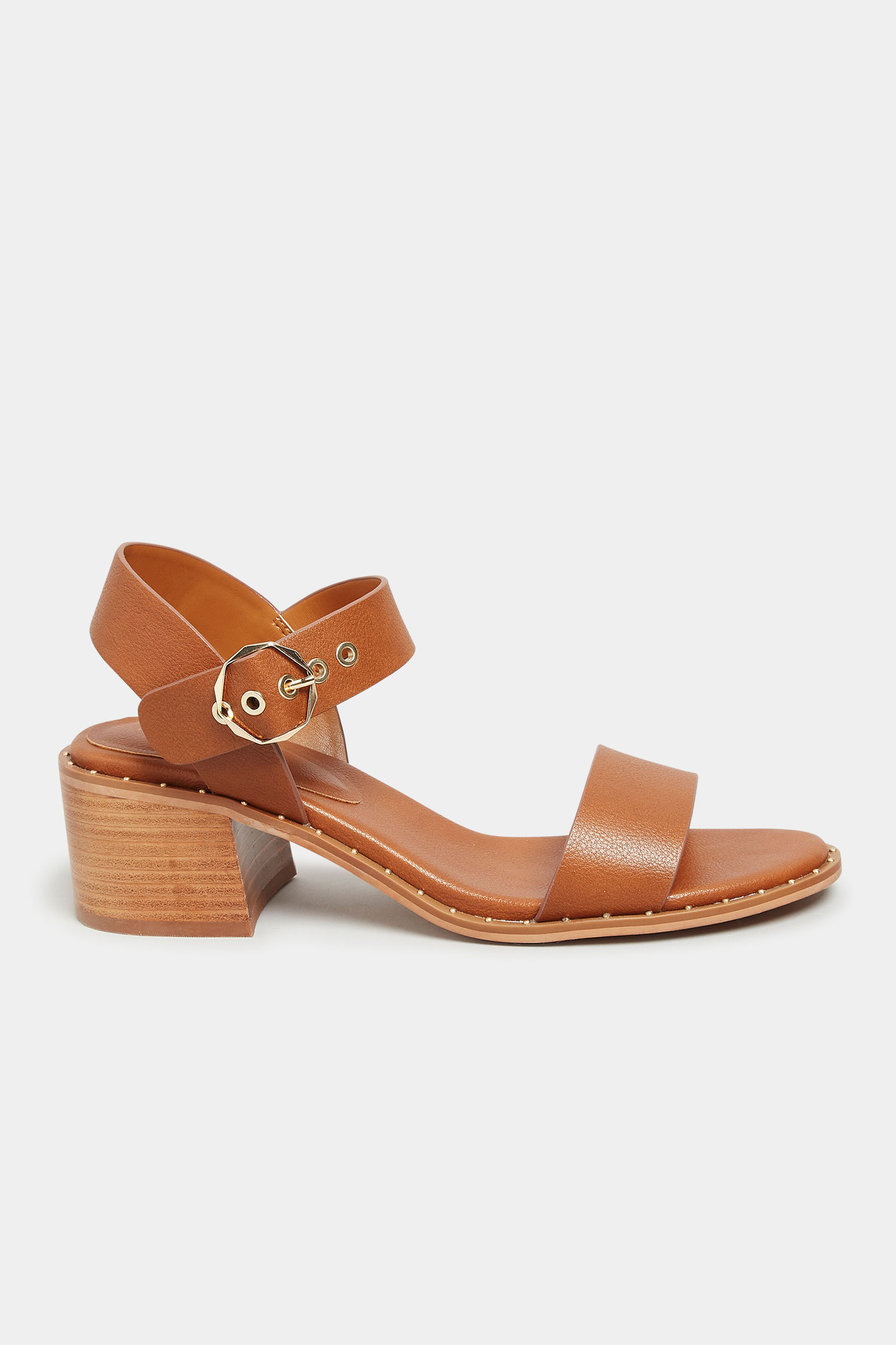 Womens Shoes Heels | LTS Tan Brown Studded Block Heel Sandals In Standard D Fit - VY52452