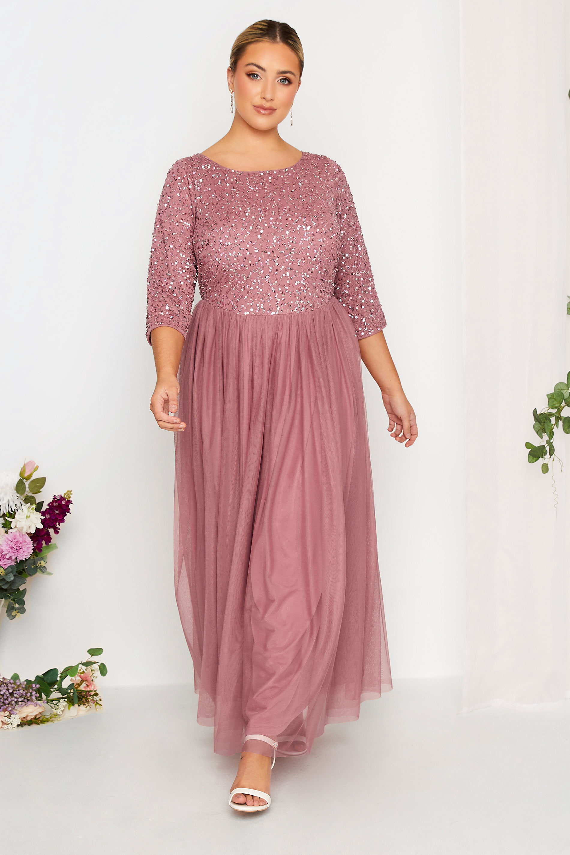 LUXE Plus Size Dark Pink Sequin Hand Embellished Maxi Dress | Yours Clothing  1