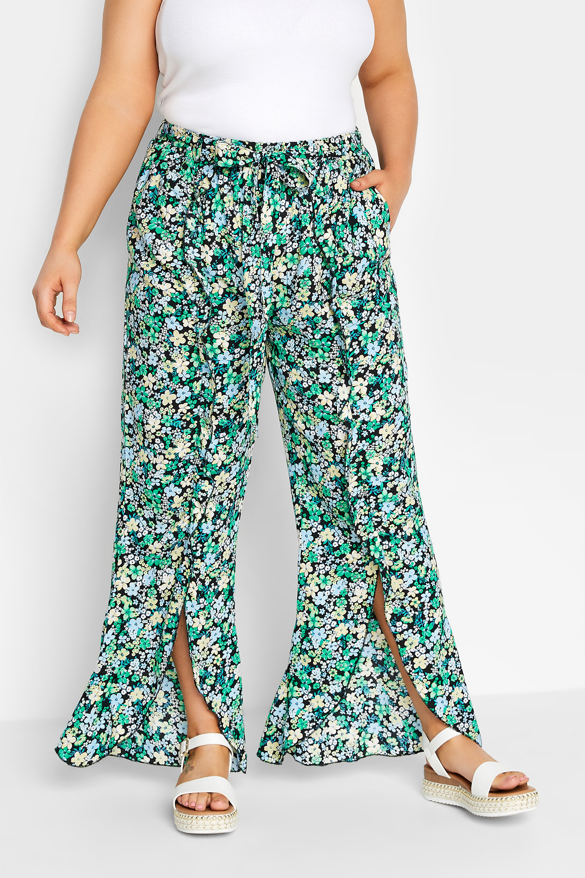 YOURS Plus Size Green Floral Print Frill Wide Leg Trousers | Yours Clothing 1