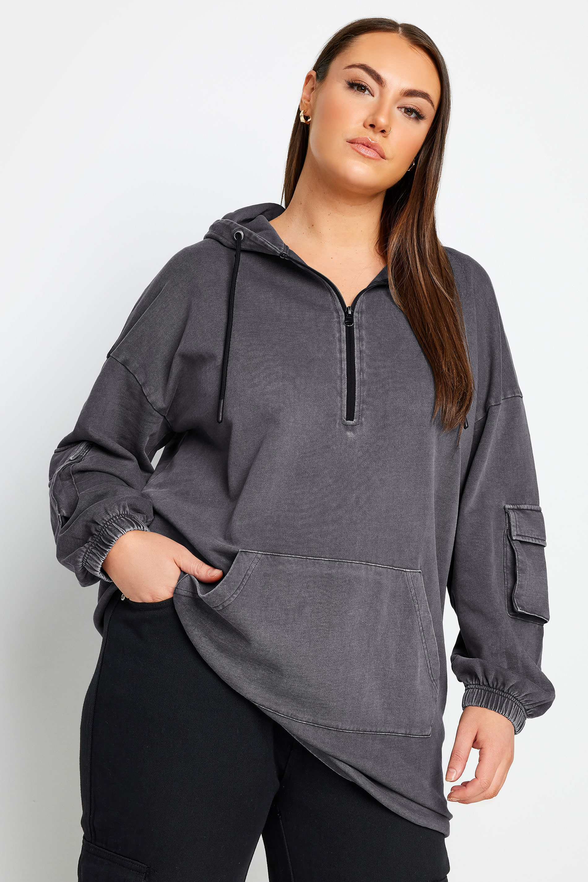 YOURS Plus Size Grey Acid Wash Cargo Longline Hoodie | Yours Clothing 1