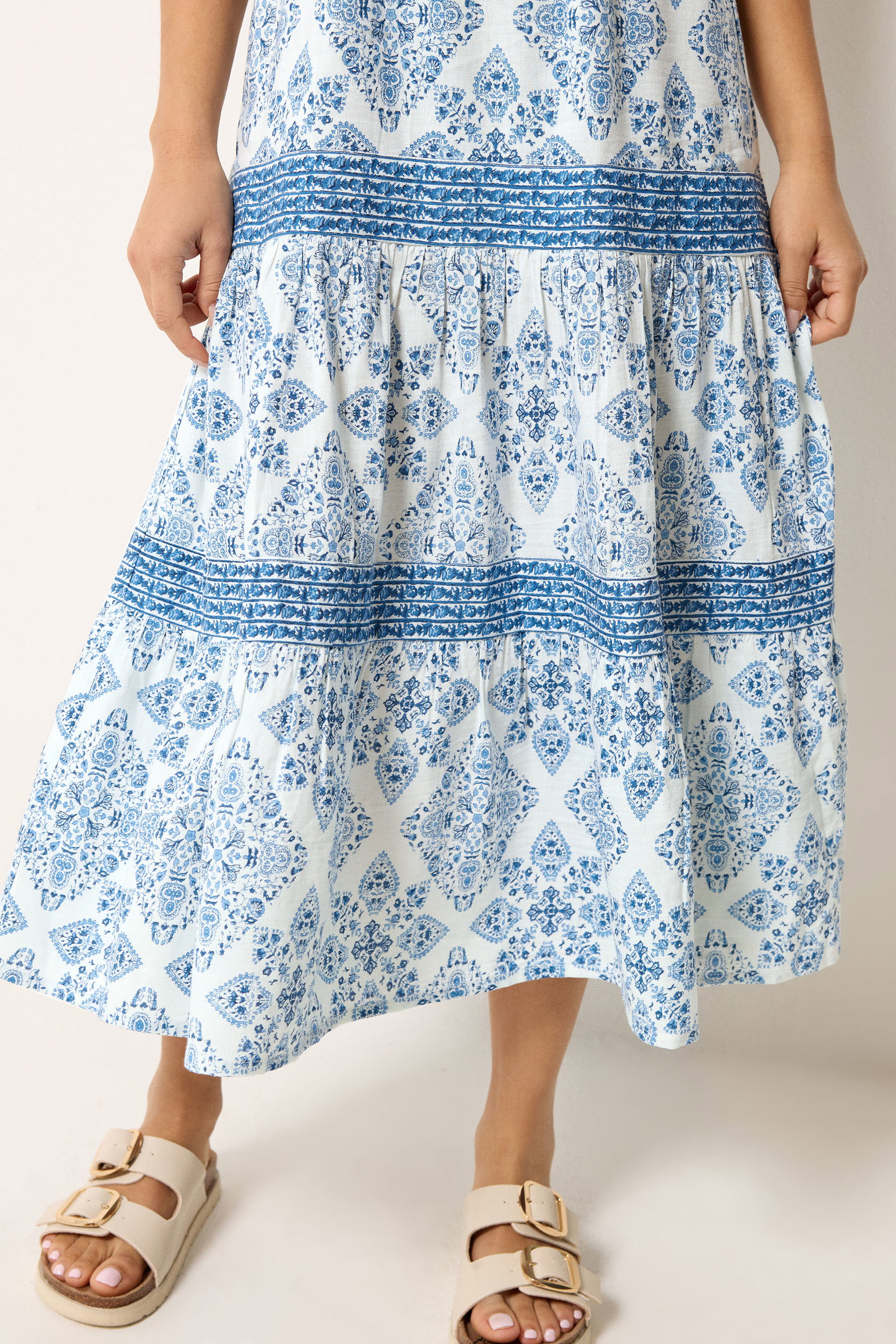 M&Co Petite Light Blue Tile Print Tiered Midi Dress | M&Co 4