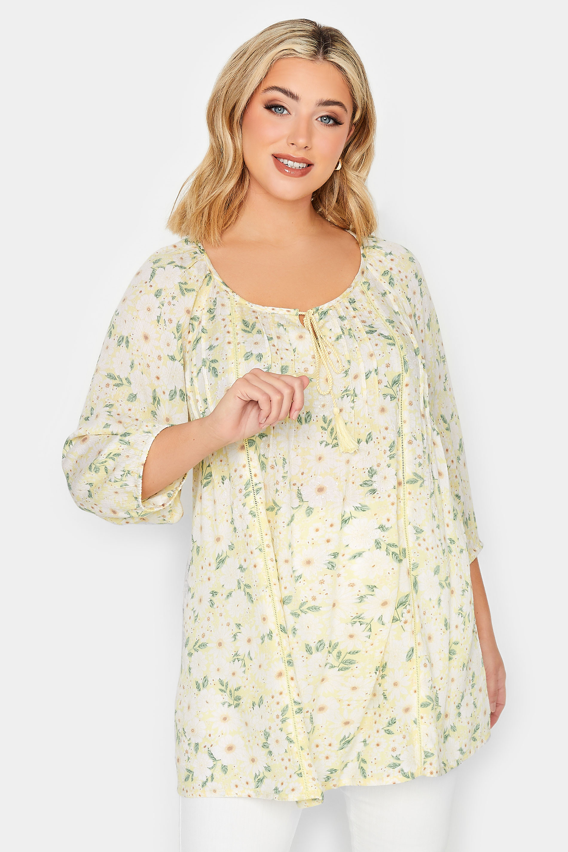 YOURS Curve Plus Size Yellow Floral Tie Neck Top | Yours Clothing  1