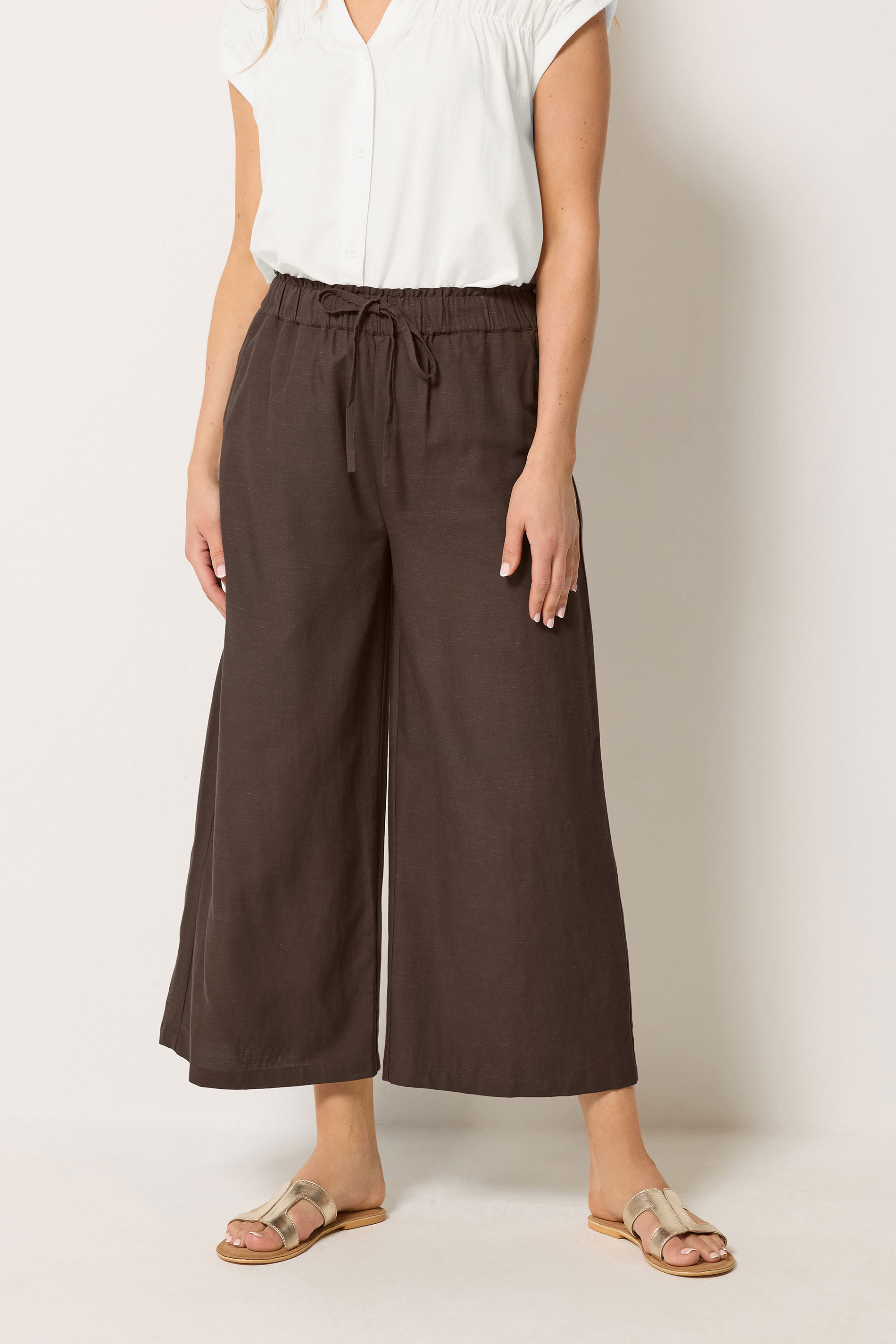 LTS Tall Women's Chocolate Brown Linen Cropped Wide Leg Trousers | Long Tall Sally 1