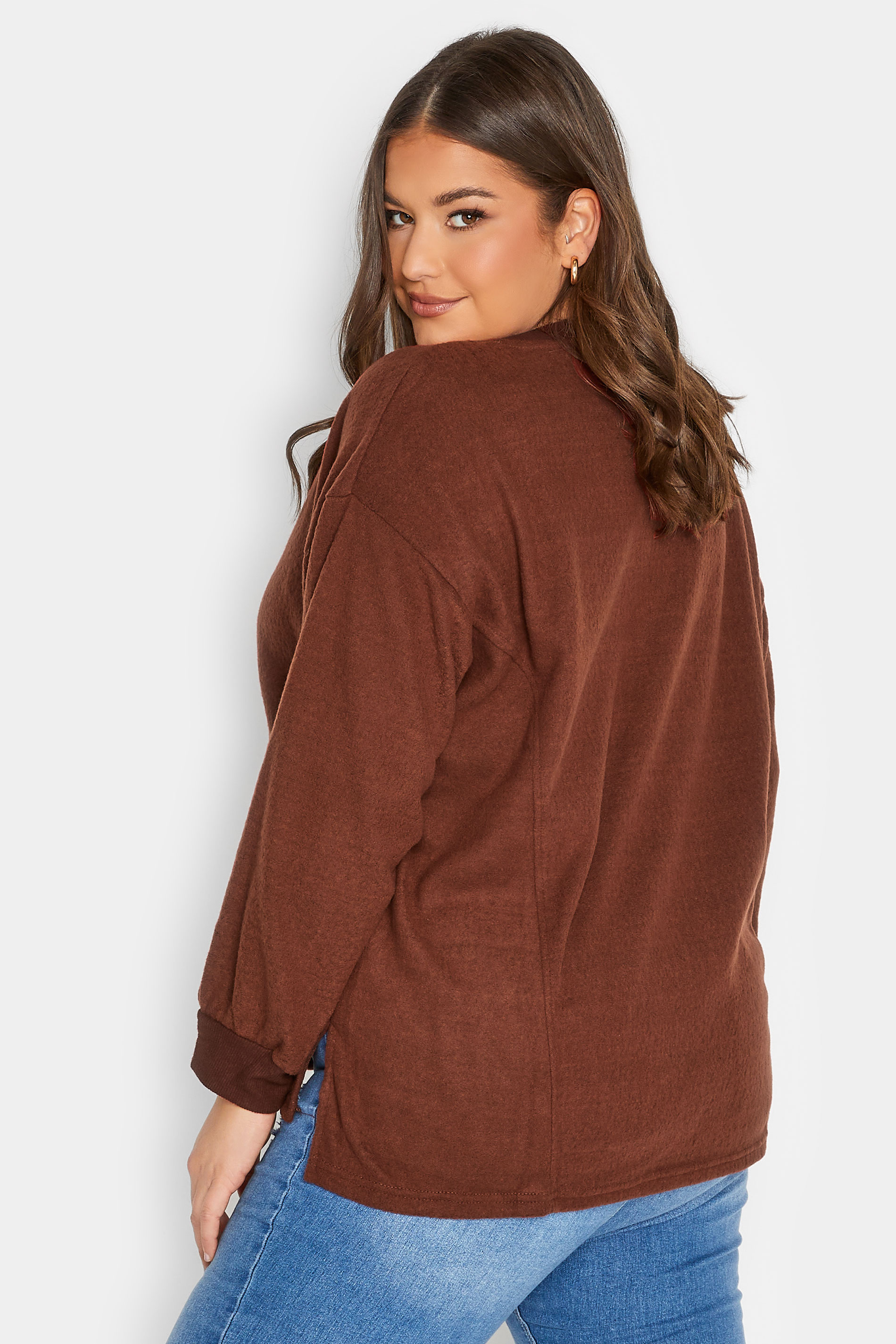 Plus Size Brown V-Neck Soft Touch Fleece Sweatshirt | Yours Clothing 3