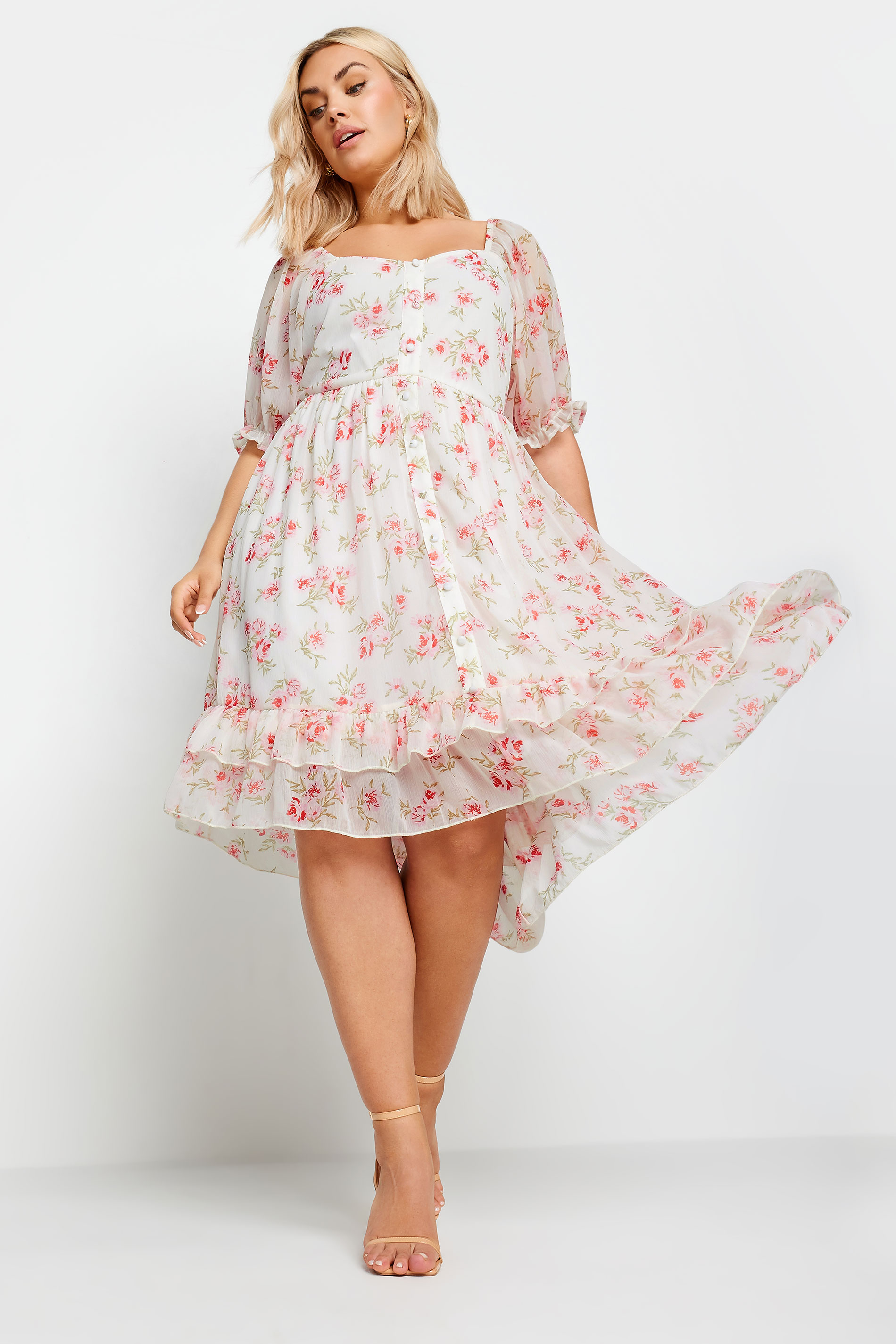 LIMITED COLLECTION Plus Size White Floral Print Dipped Hem Midi Dress | Yours Clothing 3