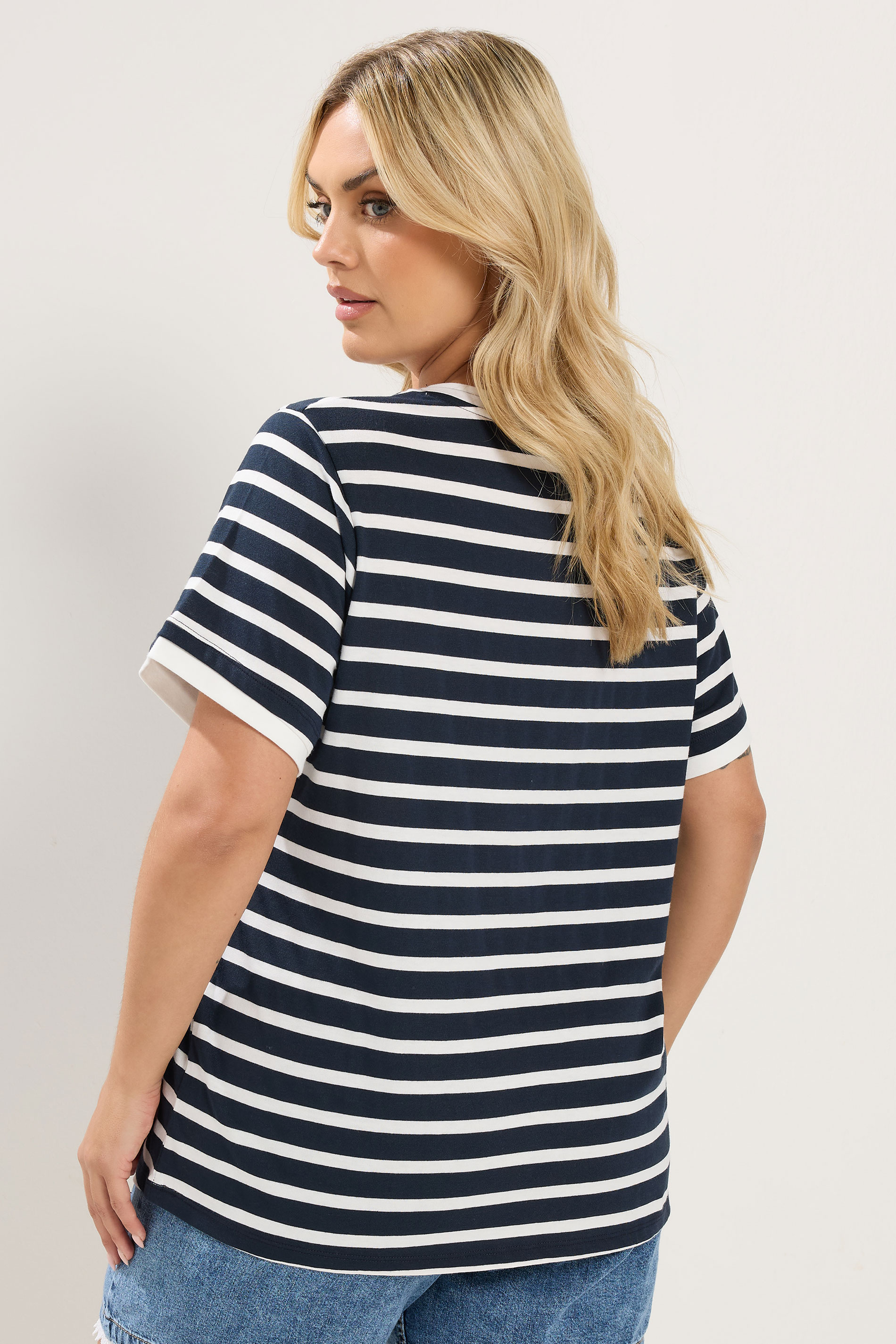 YOURS Curve Navy Blue Stripe Ringer T-Shirt | Yours Clothing 2