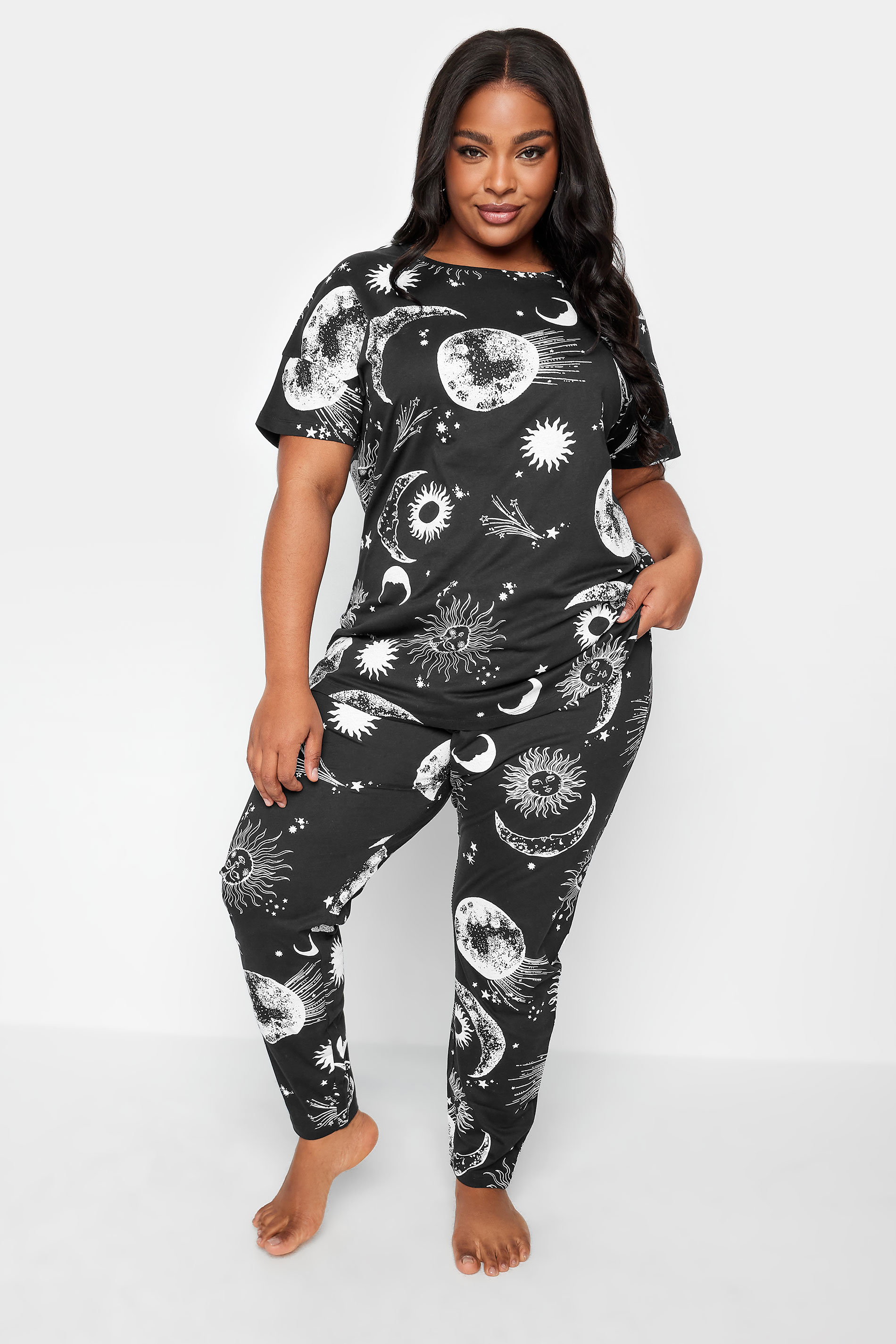 YOURS Plus Size Black Celestial Print Pyjama Set | Yours Clothing 2