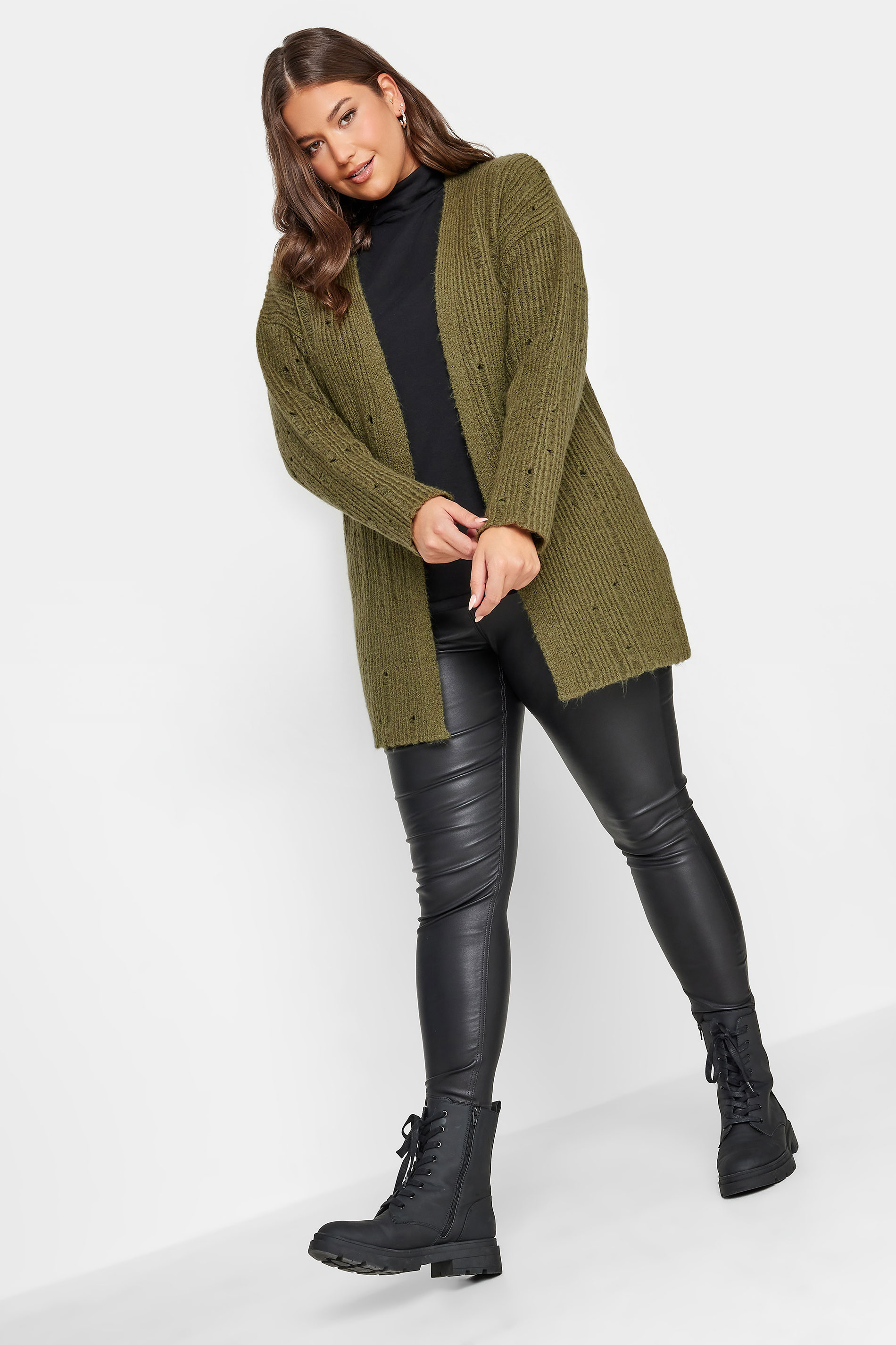 YOURS Plus Size Khaki Green Distressed Knit Cardigan | Yours Clothing 3