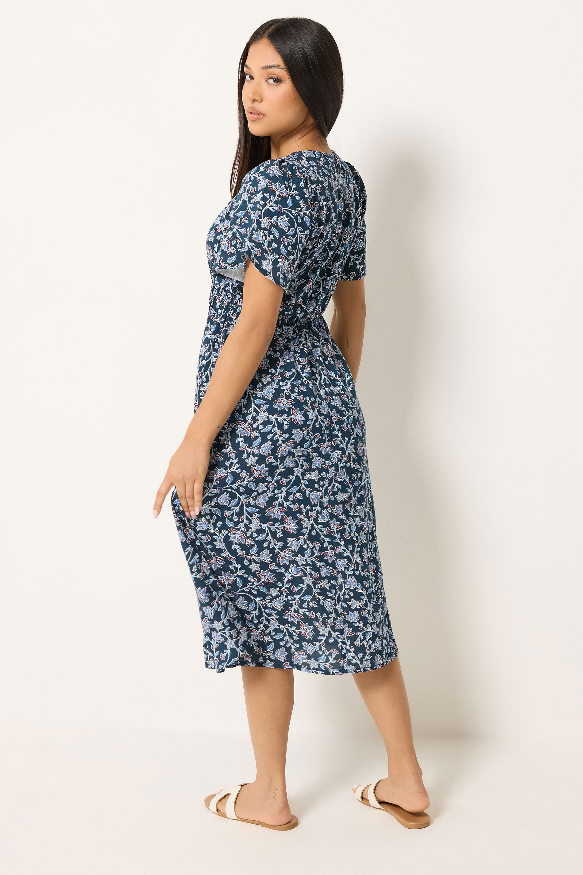 M&Co Petite Blue Floral Print Tulip Sleeve Dress | M&Co 2