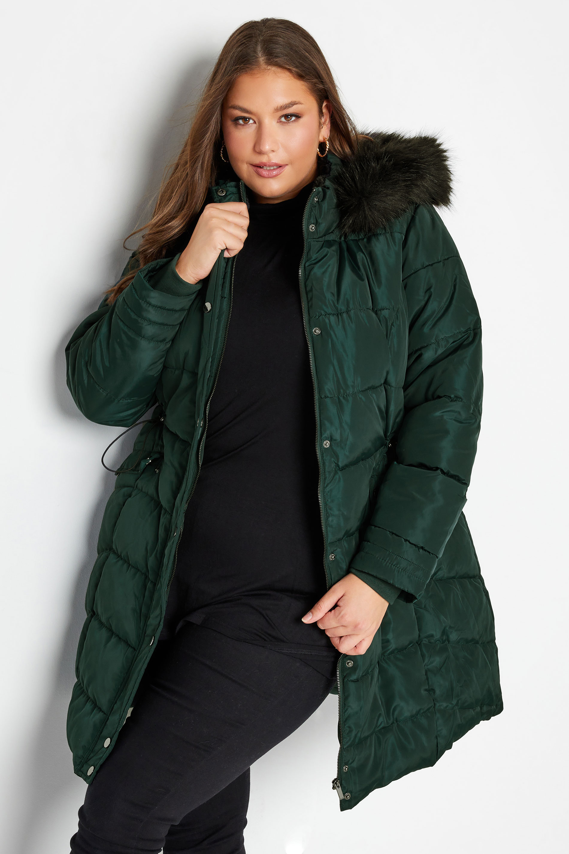 Curve Forest Green Panelled Puffer Midi Coat 1