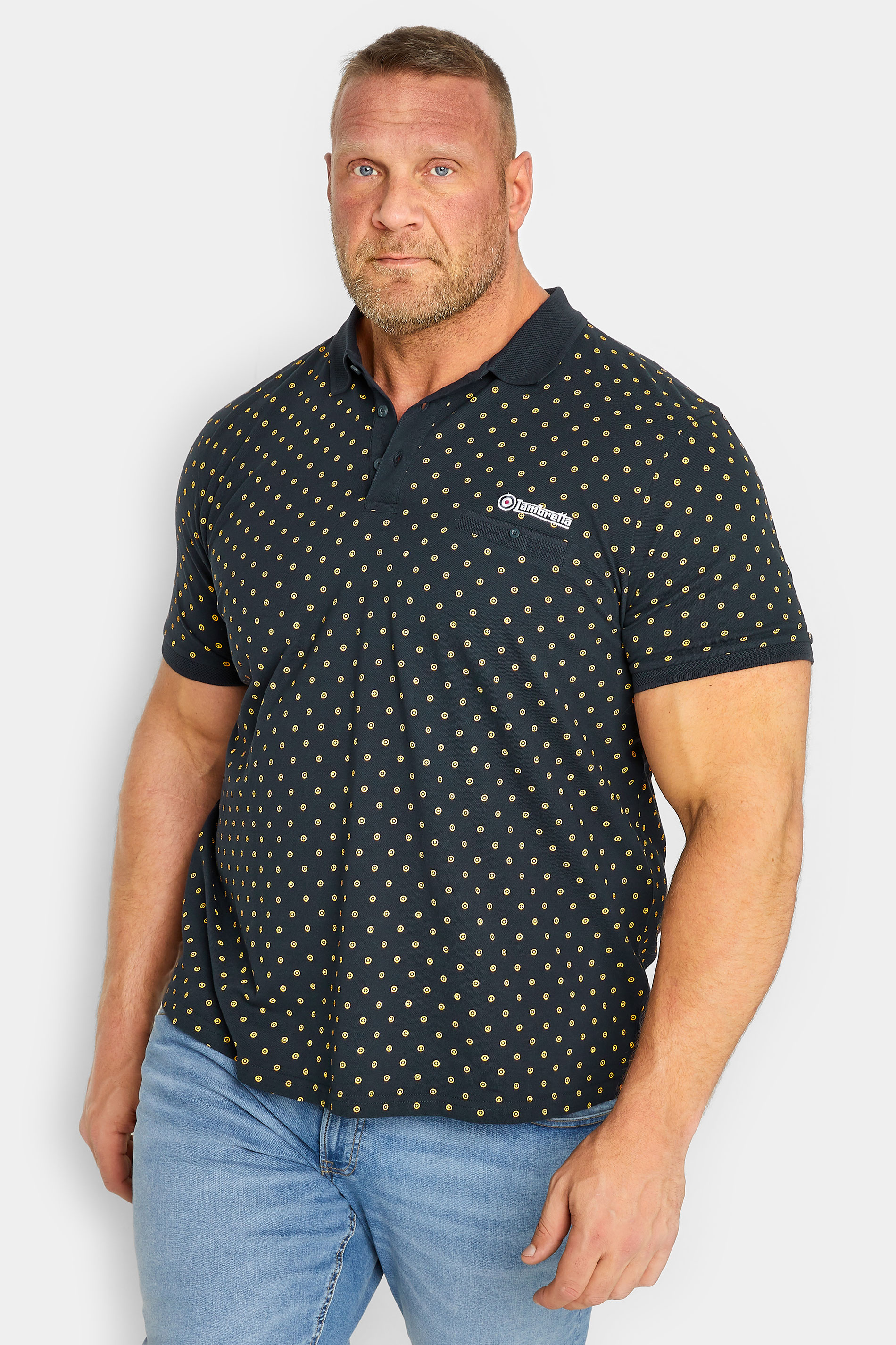 LAMBRETTA Big & Tall Plus Size Navy Blue Target Print Polo Shirt | BadRhino  1