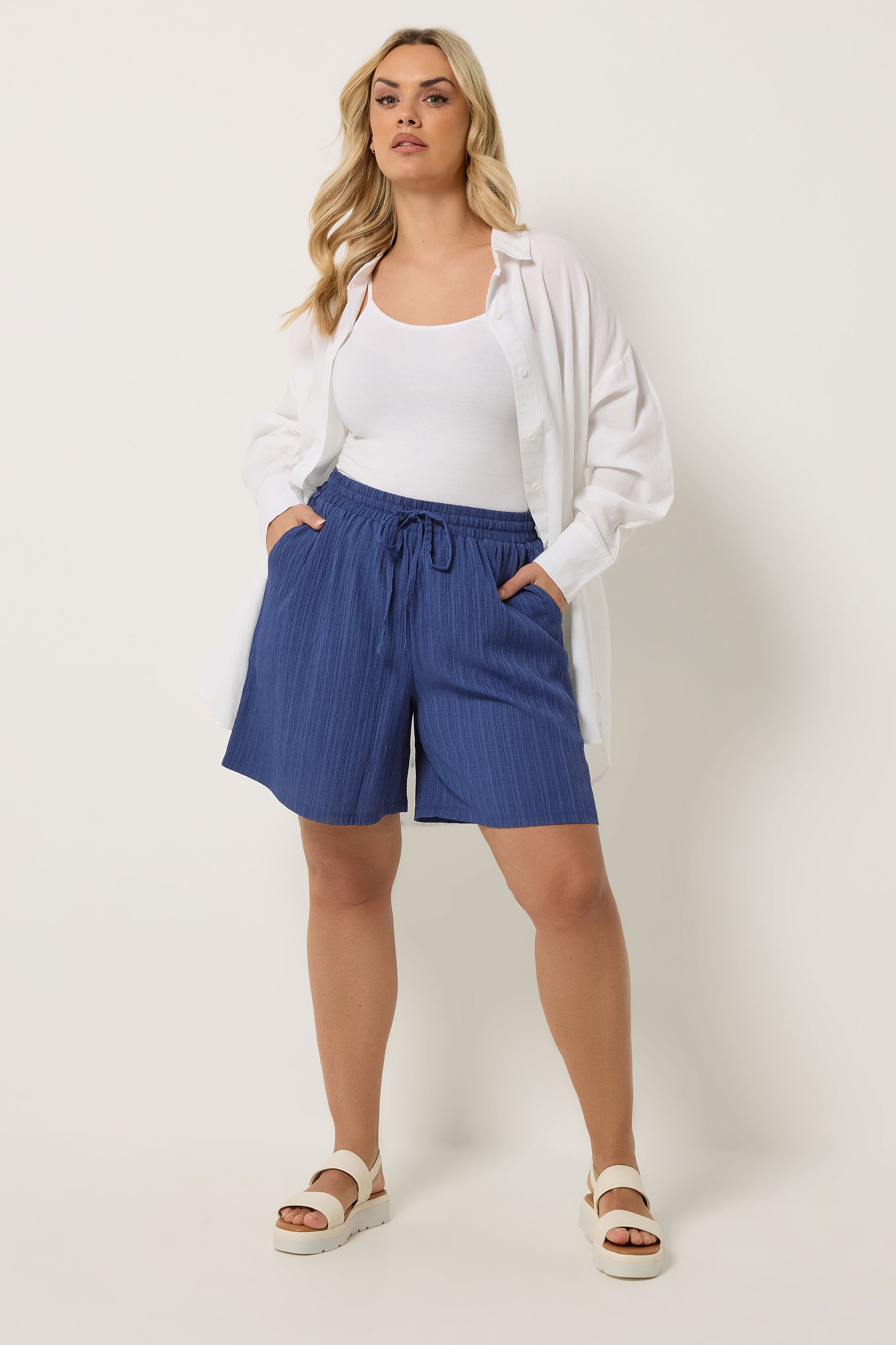 YOURS Plus Size Denim Blue Textured Woven Shorts | Yours Clothing 1