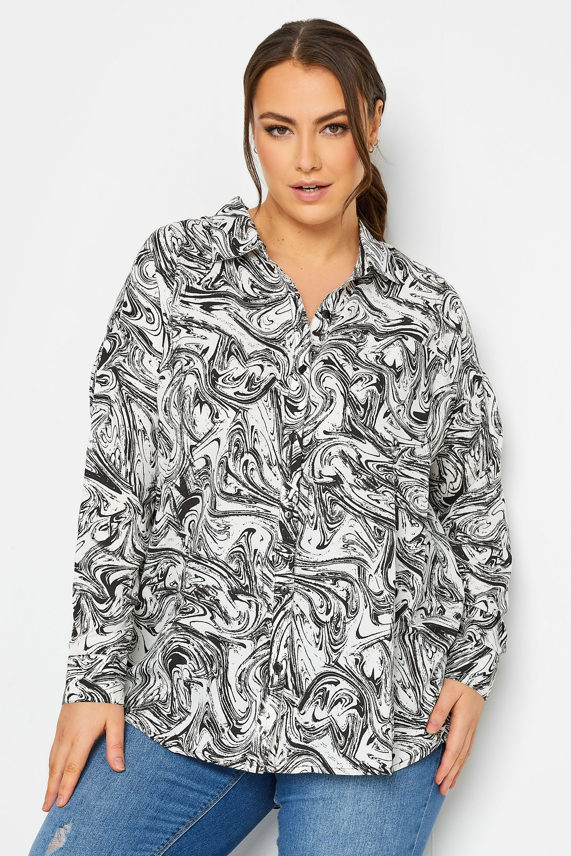 Curve Plus-Size Marble White & Black Shirt | Yours Clothing 1