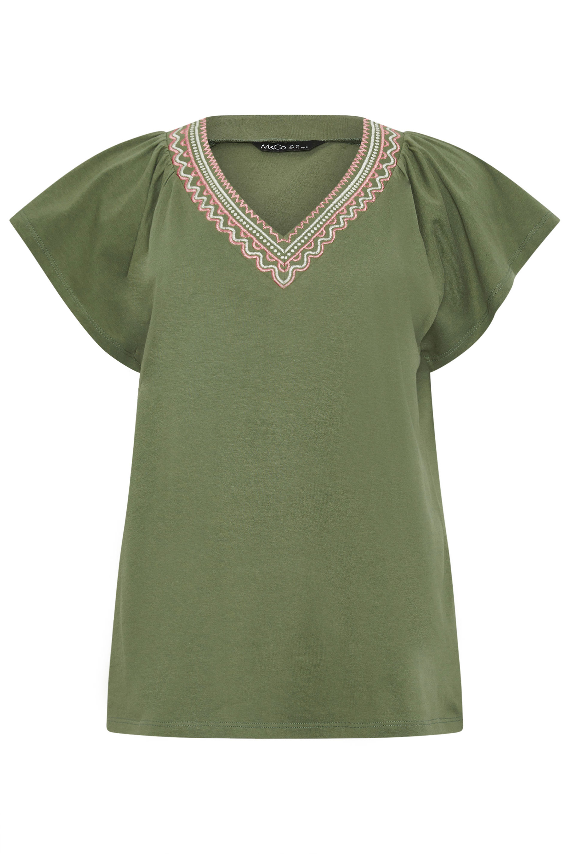 M&Co Khaki Green Embroidered Trim Cotton Cotton T-Shirt | M&Co 5