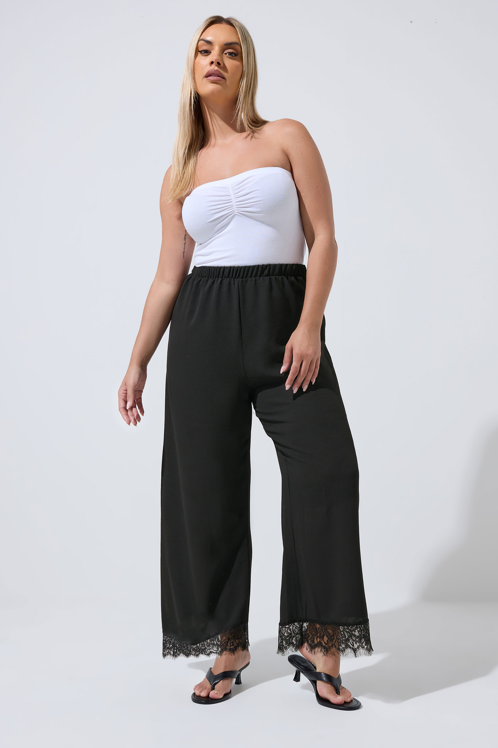 LIMITED COLLECTION Plus Size Black Lace Hem Wide Leg Trousers | Yours Clothing 3