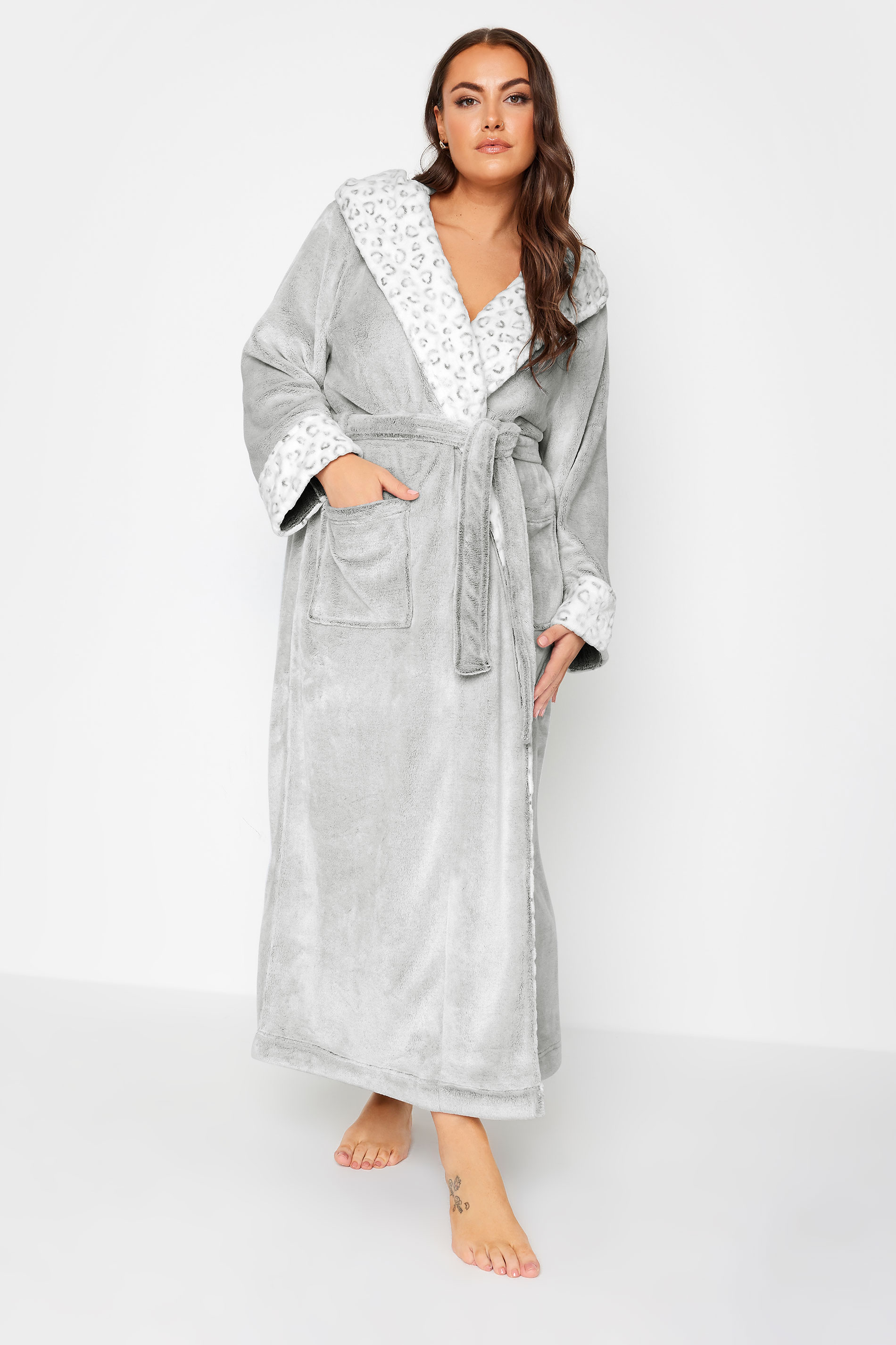 YOURS Plus Size Light Grey Animal Print Hooded Maxi Dressing Gown | Yours Clothing 1