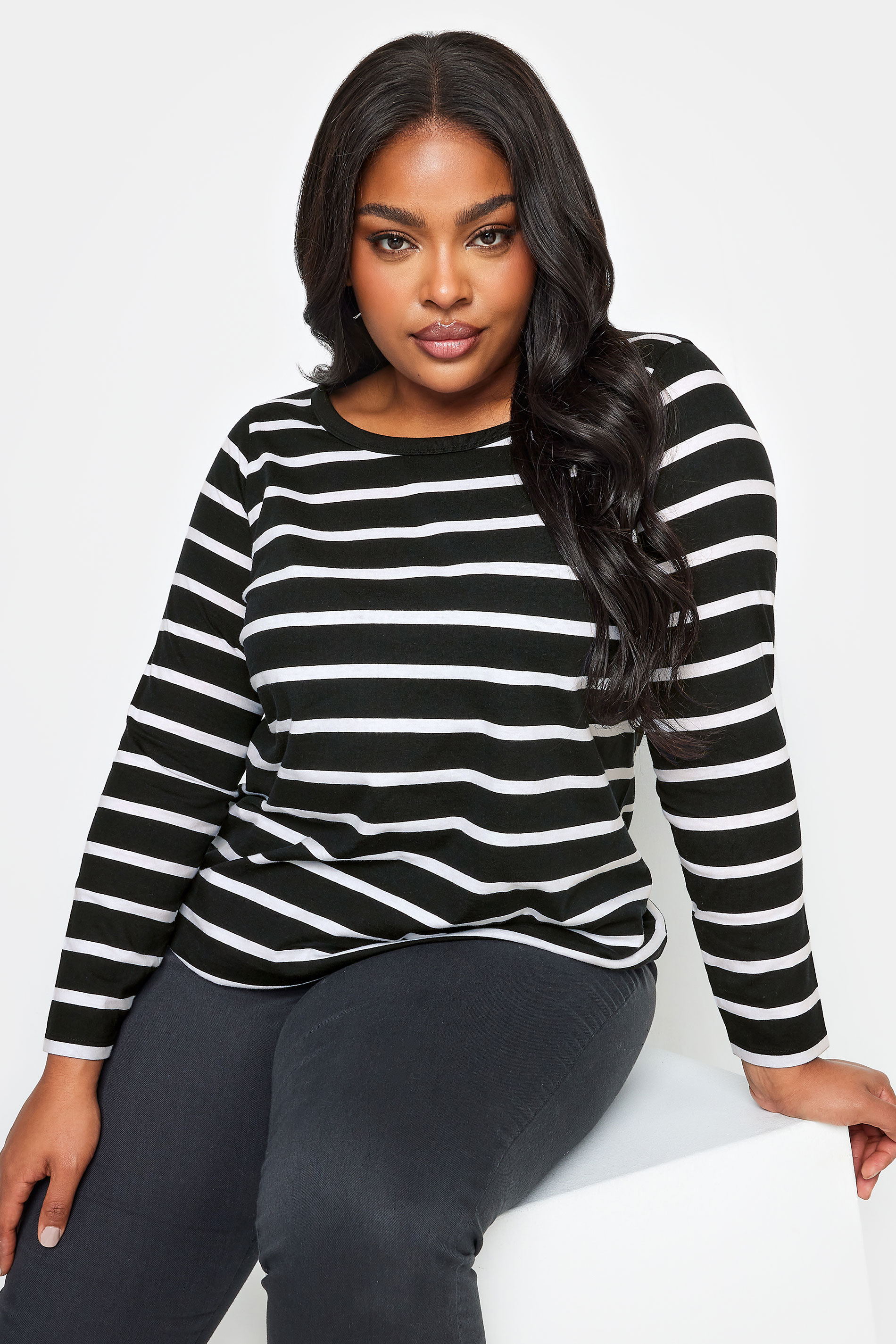YOURS Curve Black Stripe Long Sleeve Top | Yours Clothing 2