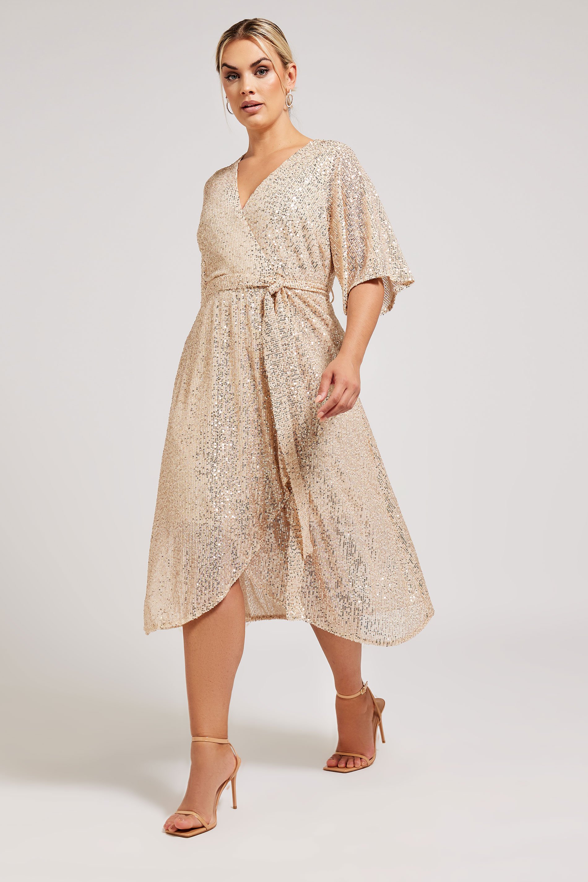 YOURS LONDON Plus Size Champagne Gold Sequin Wrap Dress | Yours Clothing