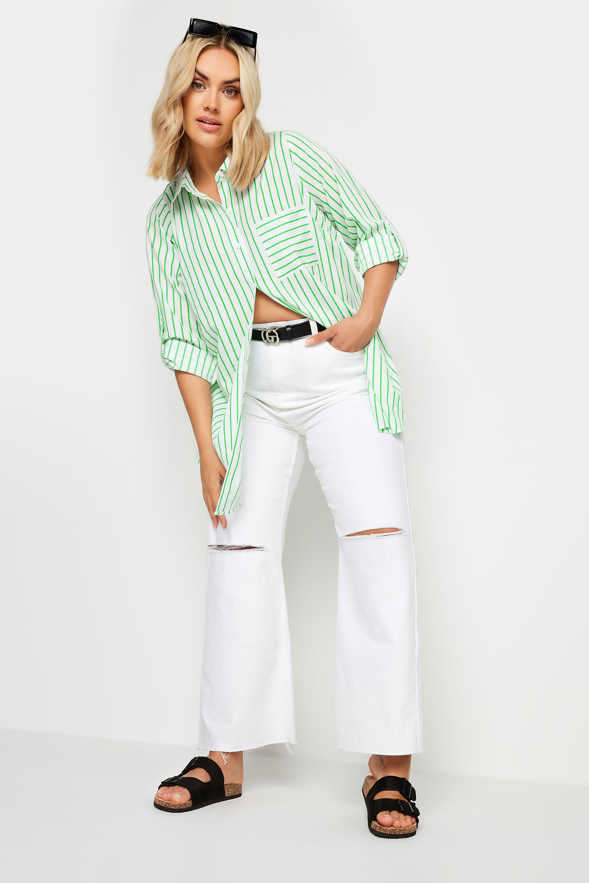 YOURS Plus Size Green & White Stripe Print Boyfriend Shirt | Yours Clothing 3