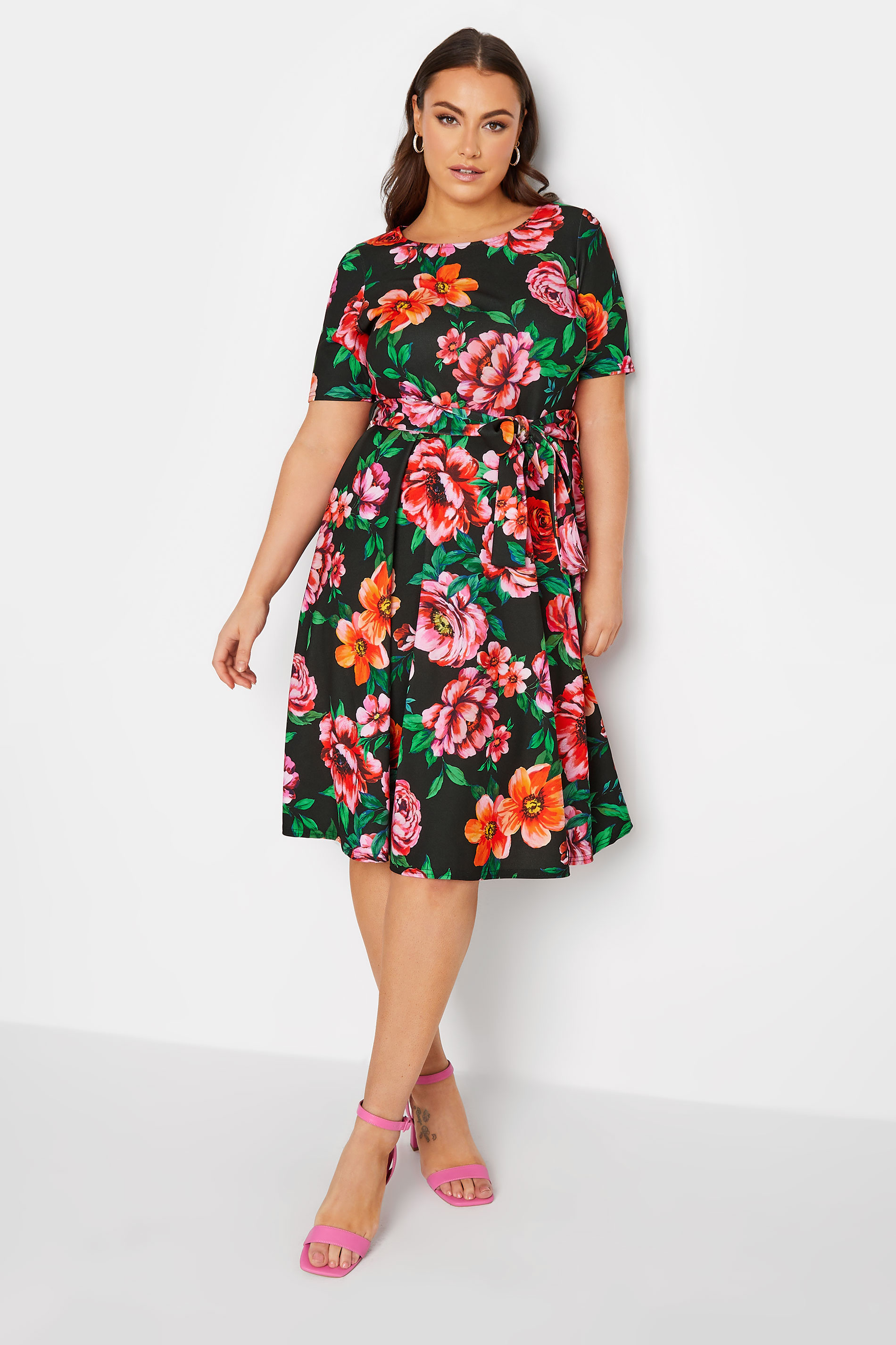 YOURS LONDON Plus Size Curve Black & Red Floral Skater Dress | Yours Clothing  1