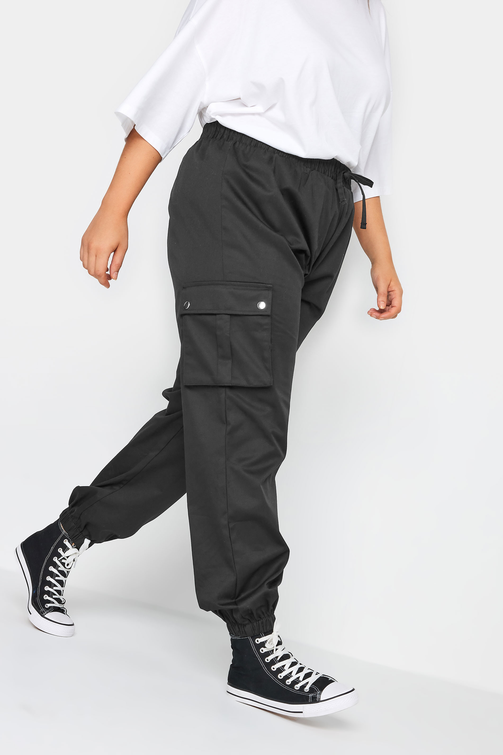YOURS Curve Black Cuffed Cargo Trousers | Yours Clothing 1